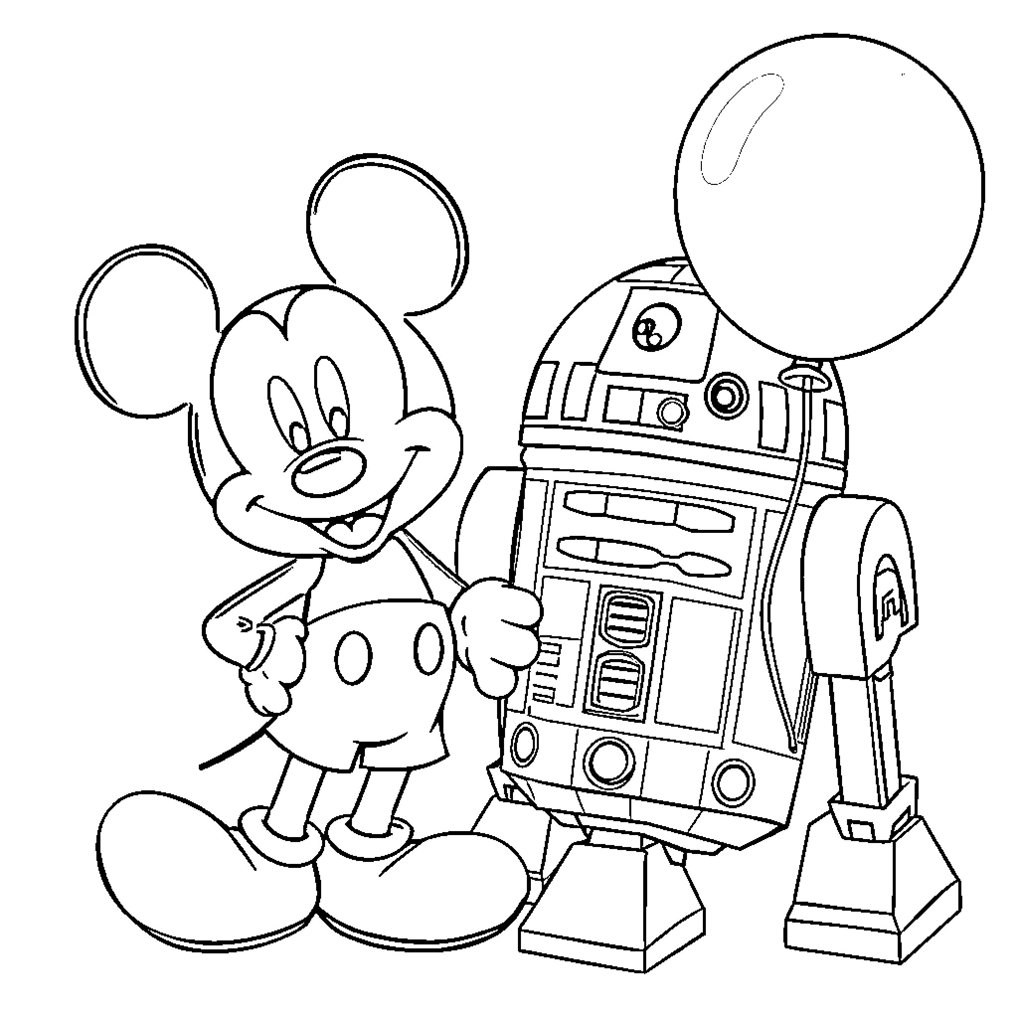 Mickey Mouse and R2-D2 exploring space adventure Coloring Page (free black-and-white line drawing printable PDF for all, from beginners to advanced learners, including children, teens, adults, and seniors)