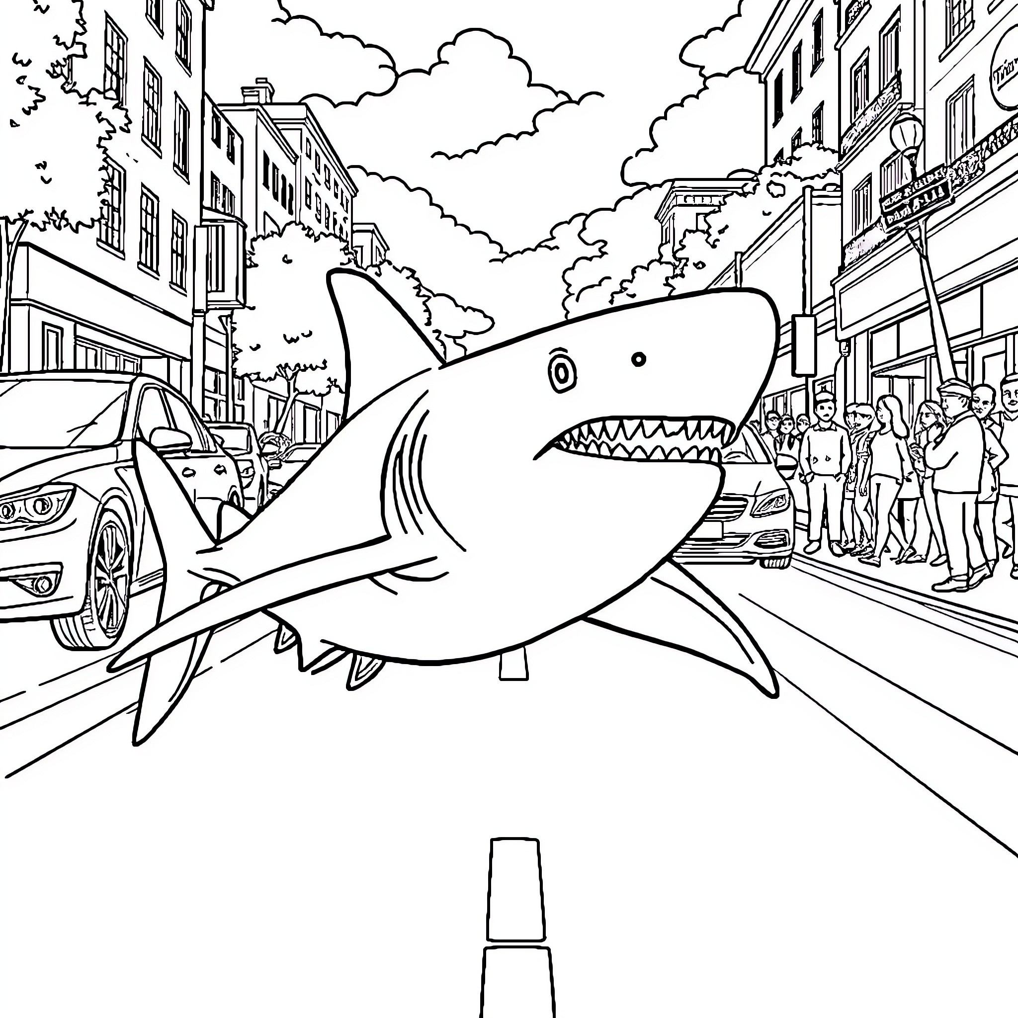 Shark roaming through a busy city street Coloring Page (free black-and-white line drawing printable PDF for all, from beginners to advanced learners, including children, teens, adults, and seniors)