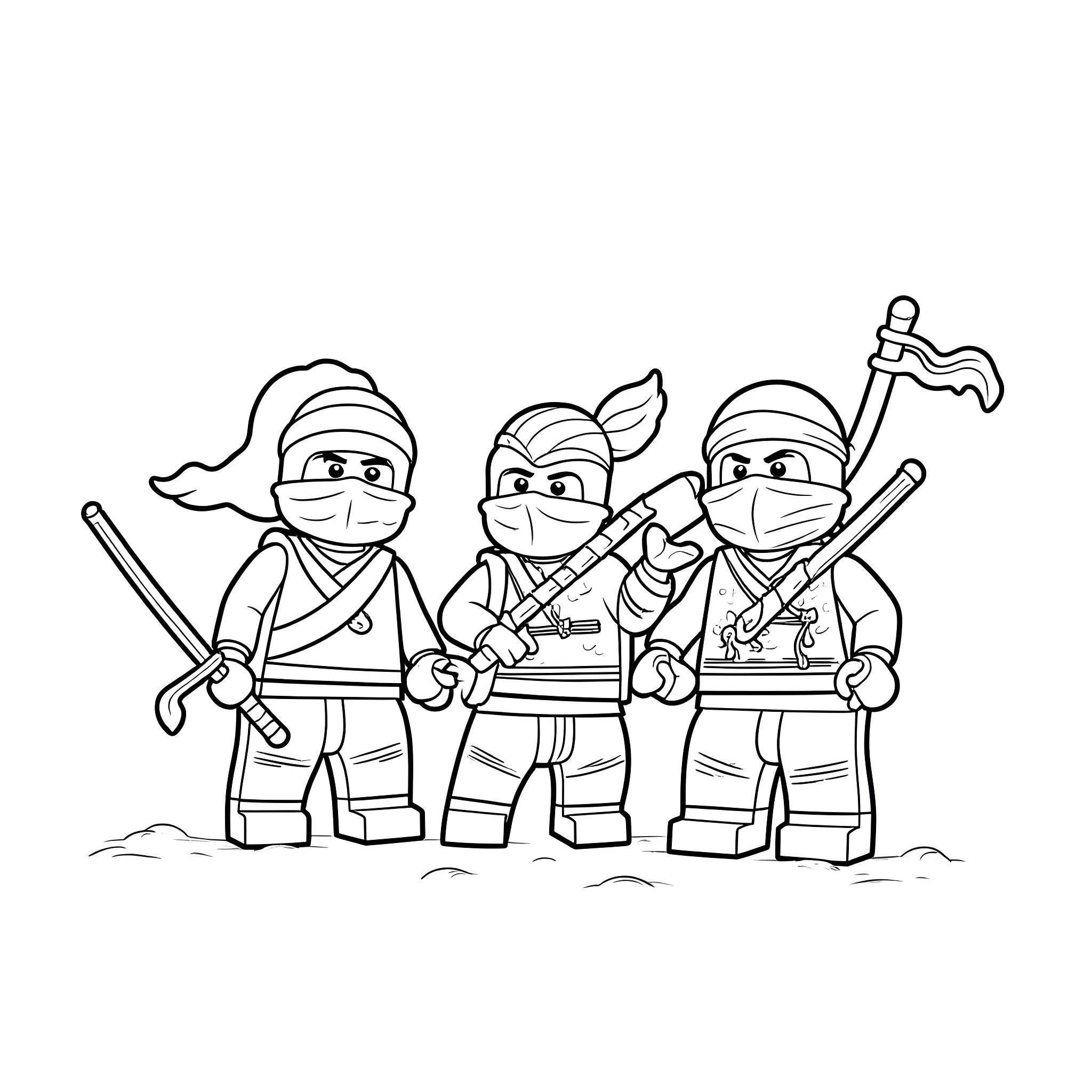 Ninja warriors on a mission in action Coloring Page (free black-and-white line drawing printable PDF for all, from beginners to advanced learners, including children, teens, adults, and seniors)