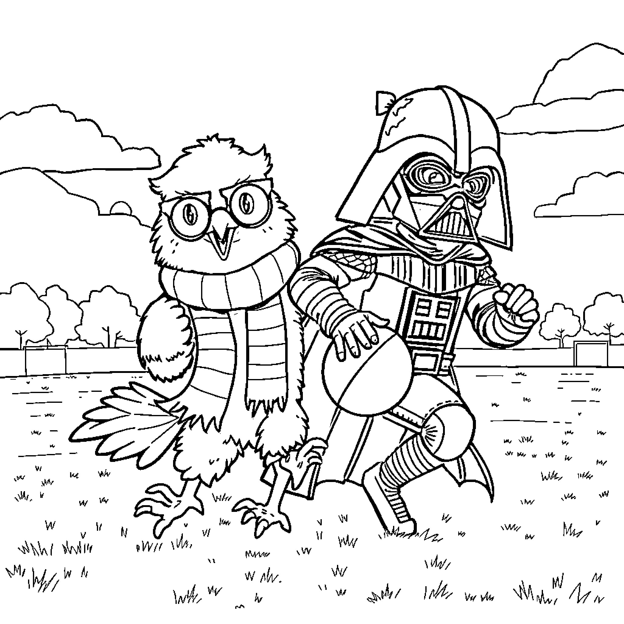 Eagle and Darth Vader in a whimsical scene Coloring Page (free black-and-white line drawing printable PDF for all, from beginners to advanced learners, including children, teens, adults, and seniors)