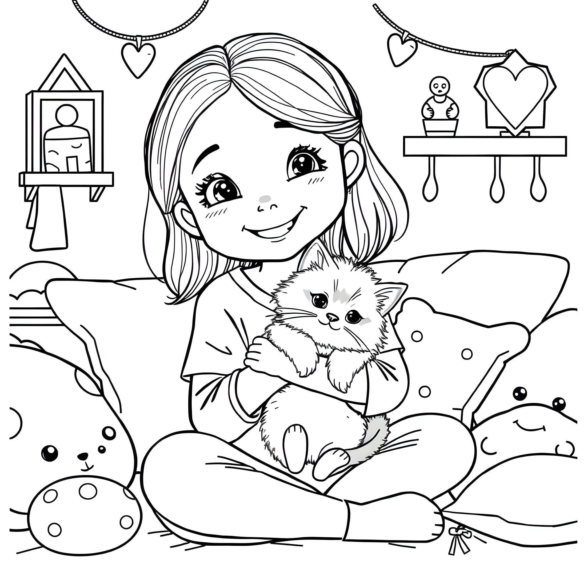 Girl playing with a cute kitten in a room Coloring Page (free black-and-white line drawing printable PDF for all, from beginners to advanced learners, including children, teens, adults, and seniors)