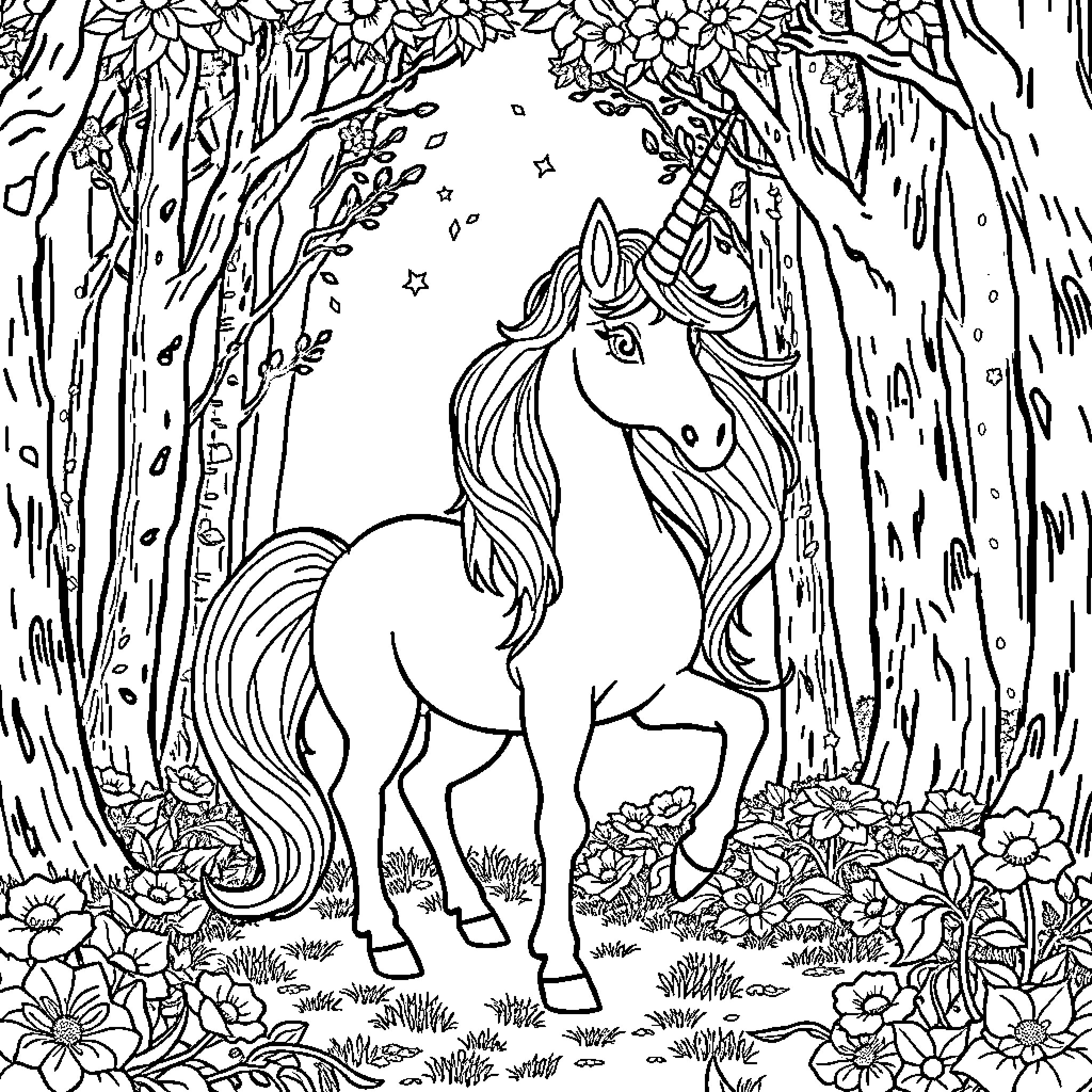 Unicorn prancing through enchanted woodland Coloring Page (free black-and-white line drawing printable PDF for all, from beginners to advanced learners, including children, teens, adults, and seniors)