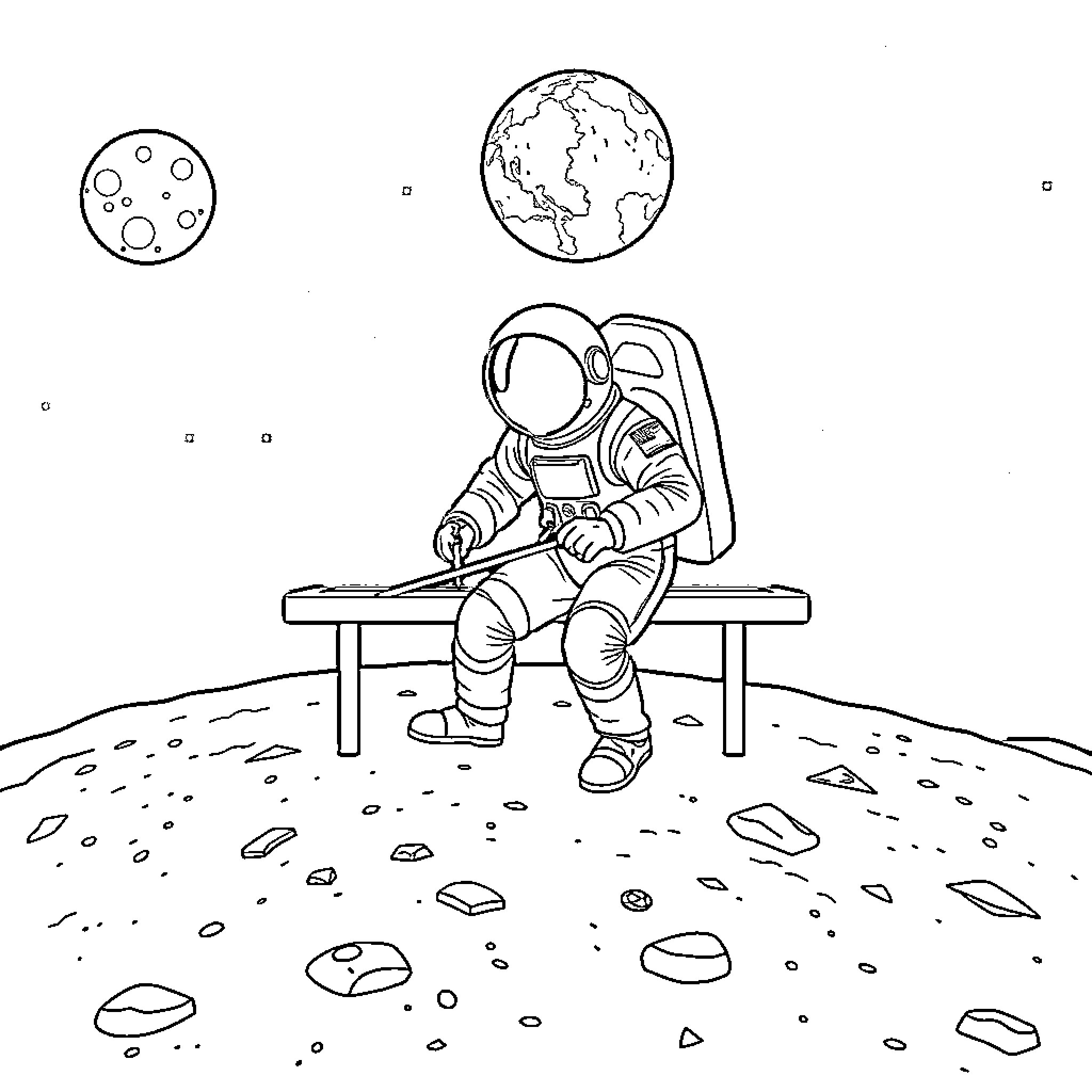 Astronaut exploring alien world on rocky surface Coloring Page (free black-and-white line drawing printable PDF for all, from beginners to advanced learners, including children, teens, adults, and seniors)