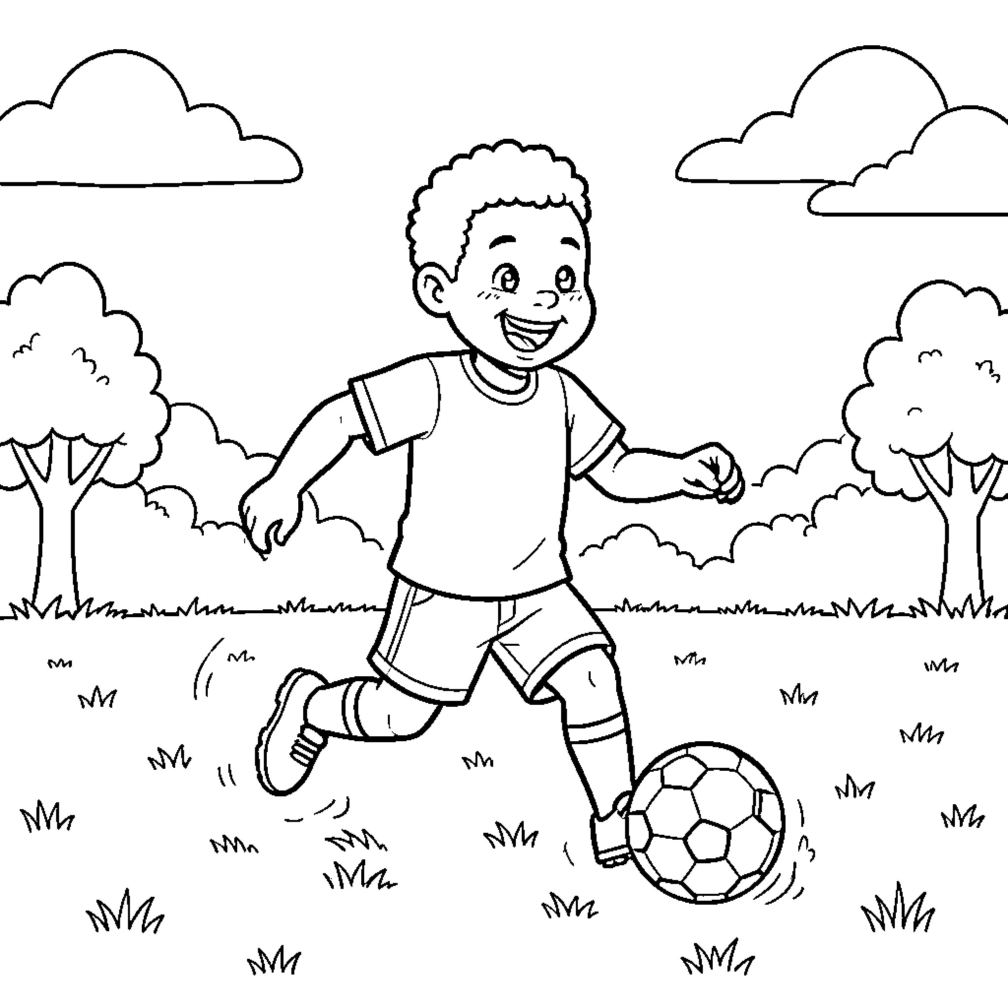 Trotro boy happily playing soccer in a park Coloring Page (free black-and-white line drawing printable PDF for all, from beginners to advanced learners, including children, teens, adults, and seniors)