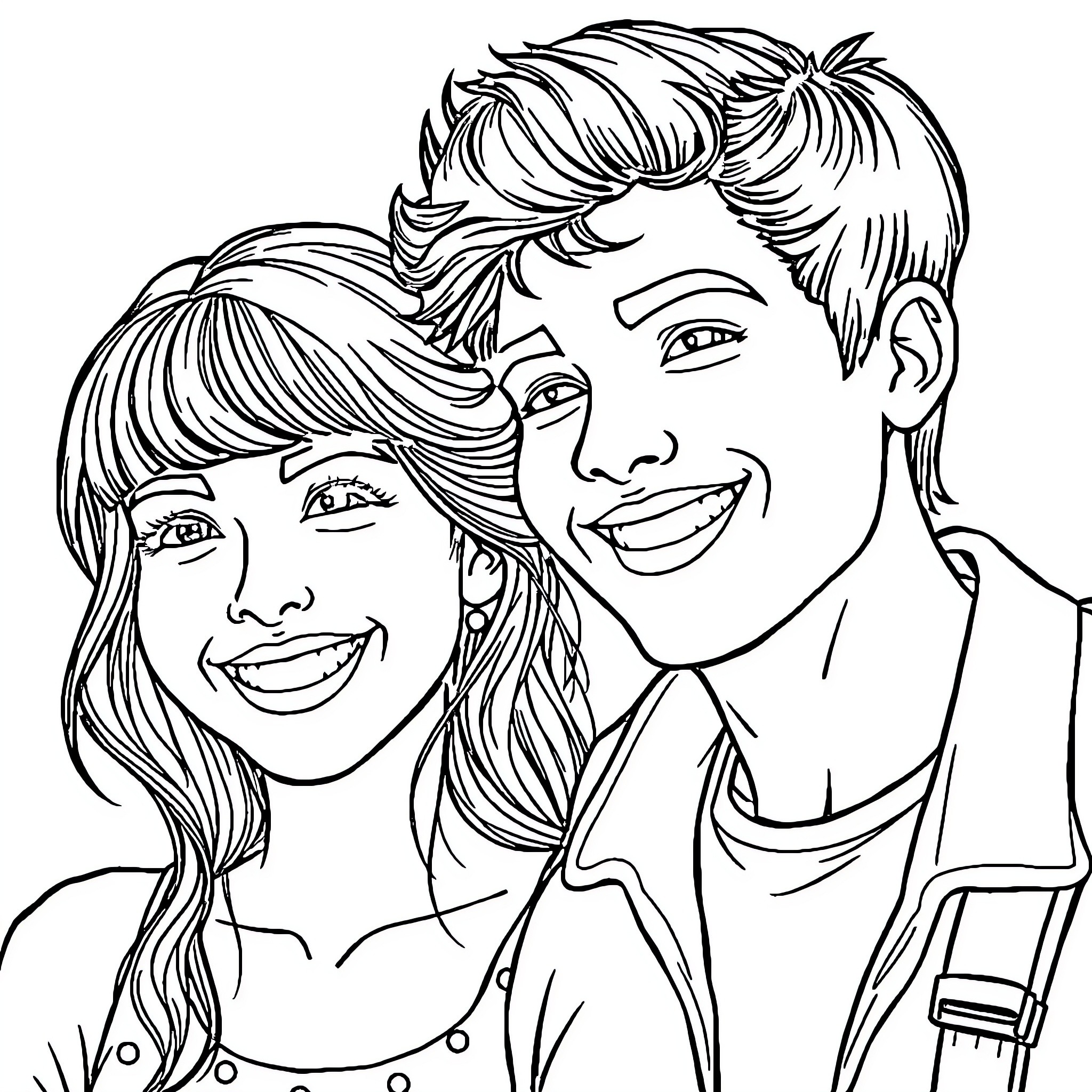 Girl and Boy Smiling Happily Together Coloring Page (free black-and-white line drawing printable PDF for all, from beginners to advanced learners, including children, teens, adults, and seniors)