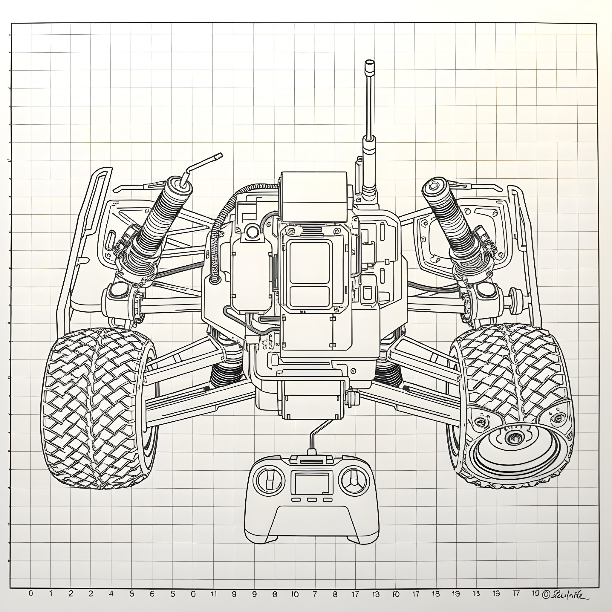 Truck with remote control and off-road accessories Coloring Page (free black-and-white line drawing printable PDF for all, from beginners to advanced learners, including children, teens, adults, and seniors)