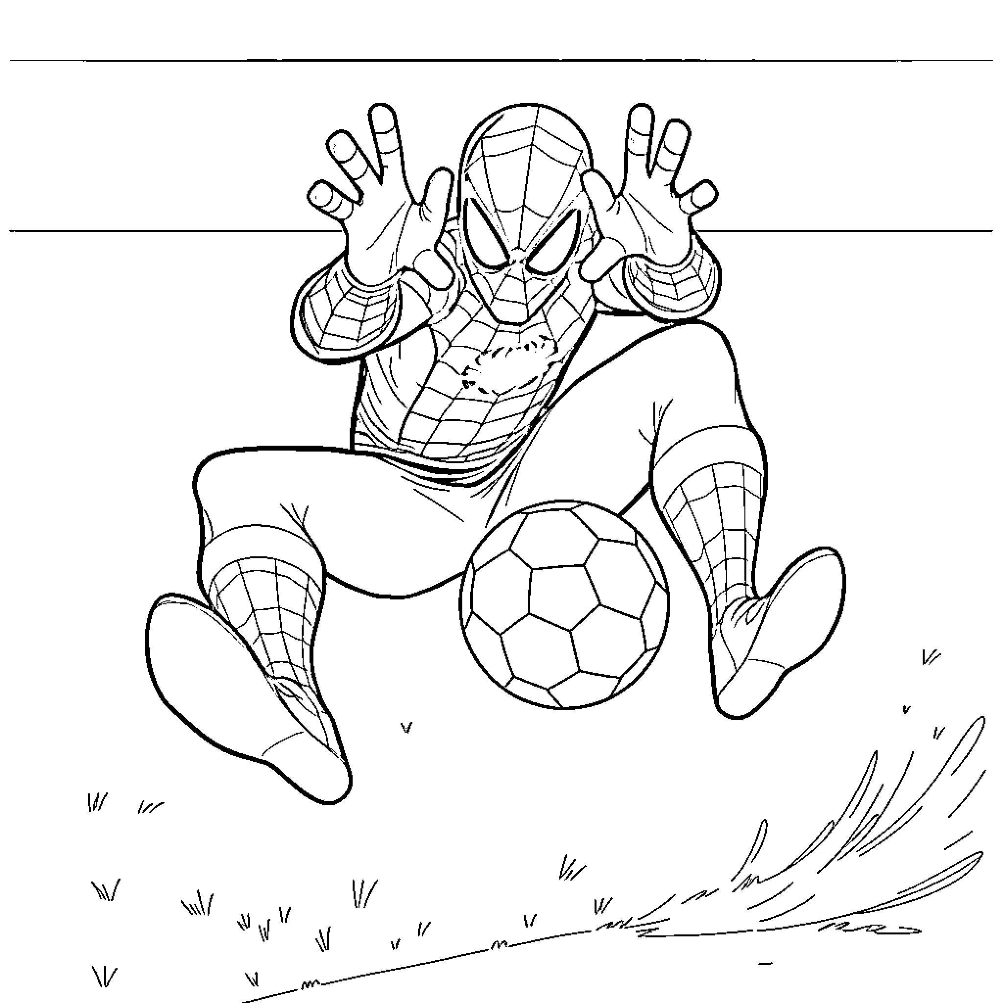 Spider-Man playing with soccer ball and taking action pose Coloring Page (free black-and-white line drawing printable PDF for all, from beginners to advanced learners, including children, teens, adults, and seniors)