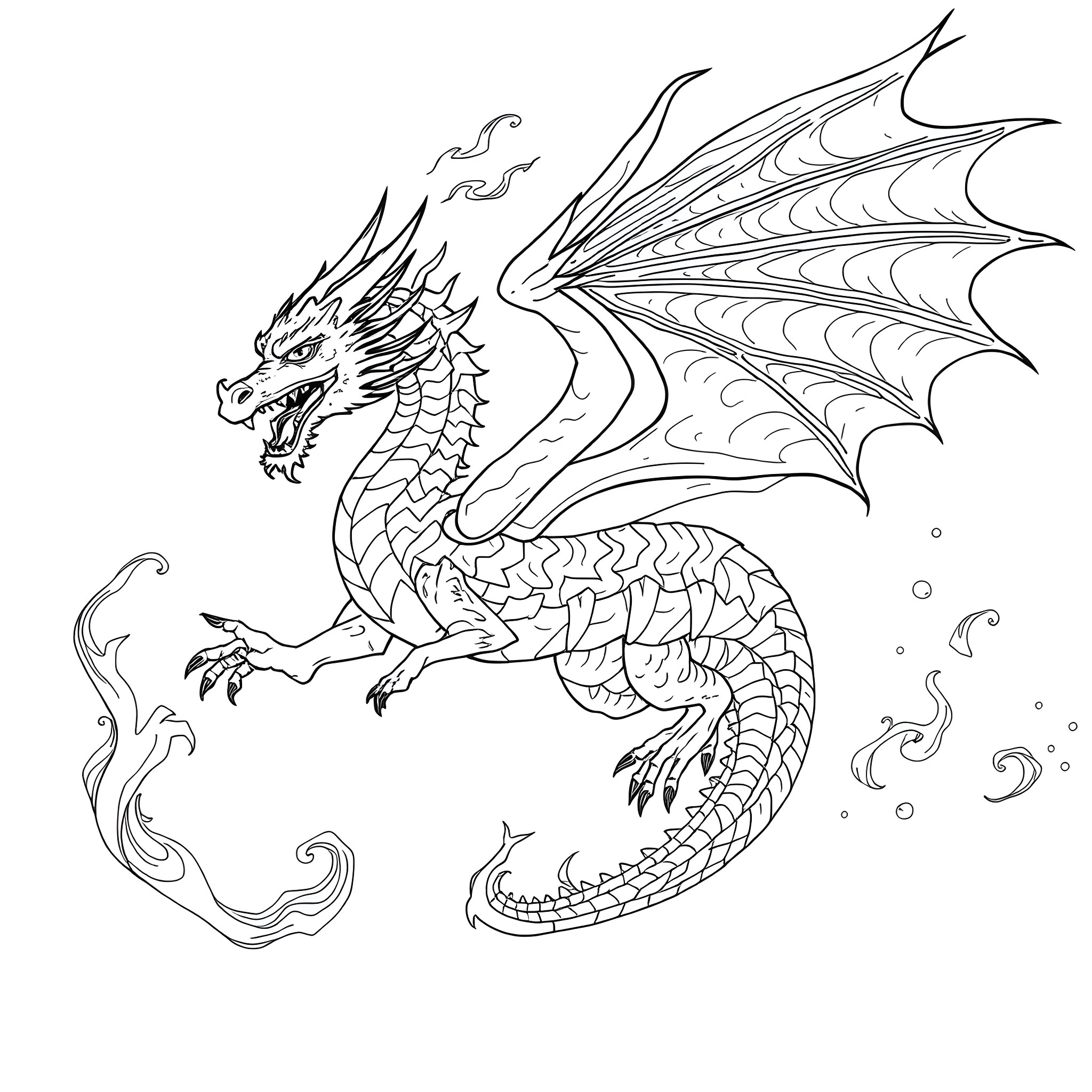 Elemental Dragon Soaring in Fantastical Realms Coloring Page (free black-and-white line drawing printable PDF for all, from beginners to advanced learners, including children, teens, adults, and seniors)