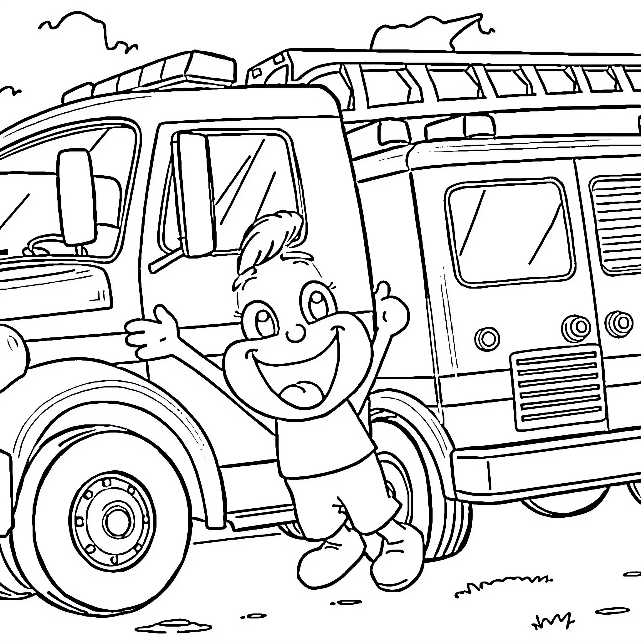 Blippi playing joyfully with a fire truck Coloring Page (free black-and-white line drawing printable PDF for all, from beginners to advanced learners, including children, teens, adults, and seniors)