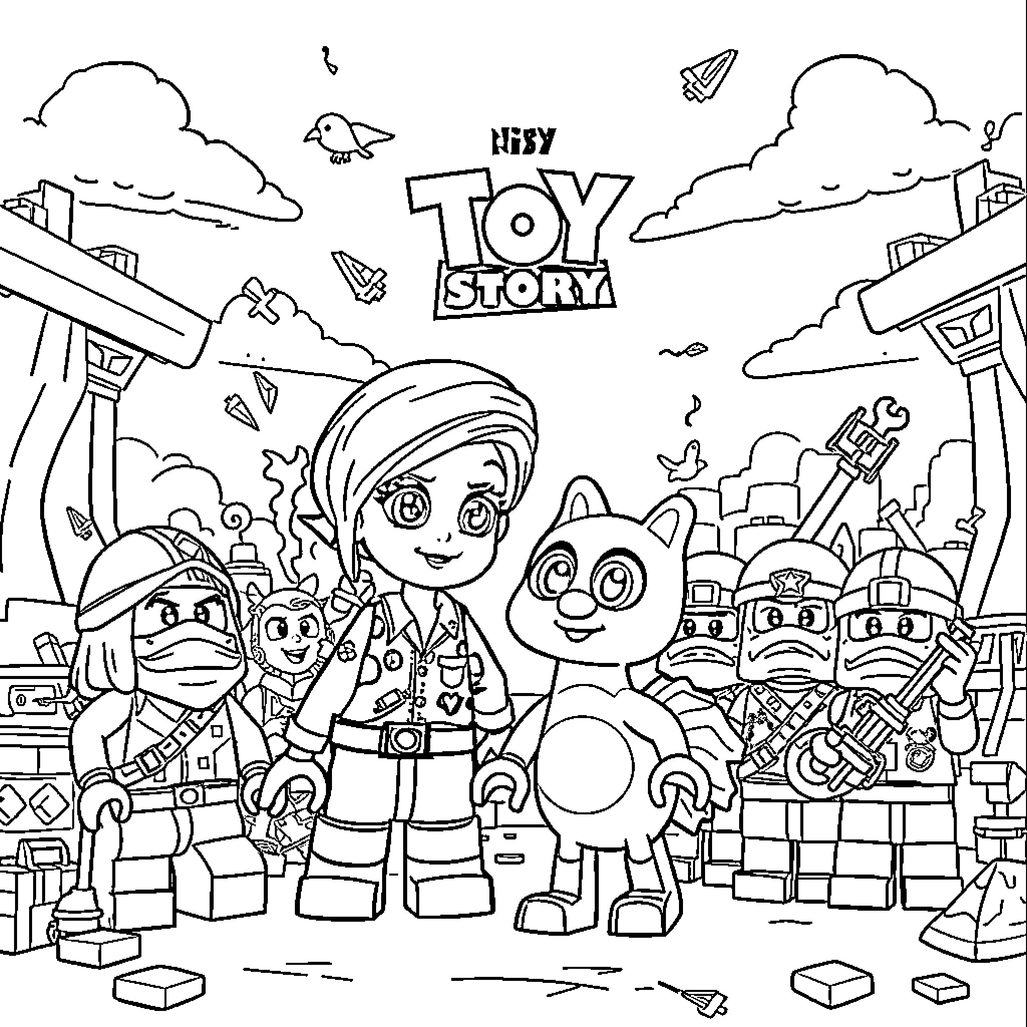 Lego Toy Story Characters in an Adventurous Scene Coloring Page (free black-and-white line drawing printable PDF for all, from beginners to advanced learners, including children, teens, adults, and seniors)