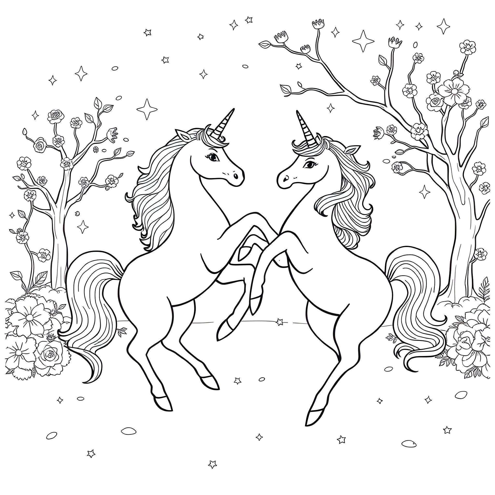 Unicorn friends frolicking in a magical forest Coloring Page (free black-and-white line drawing printable PDF for all, from beginners to advanced learners, including children, teens, adults, and seniors)
