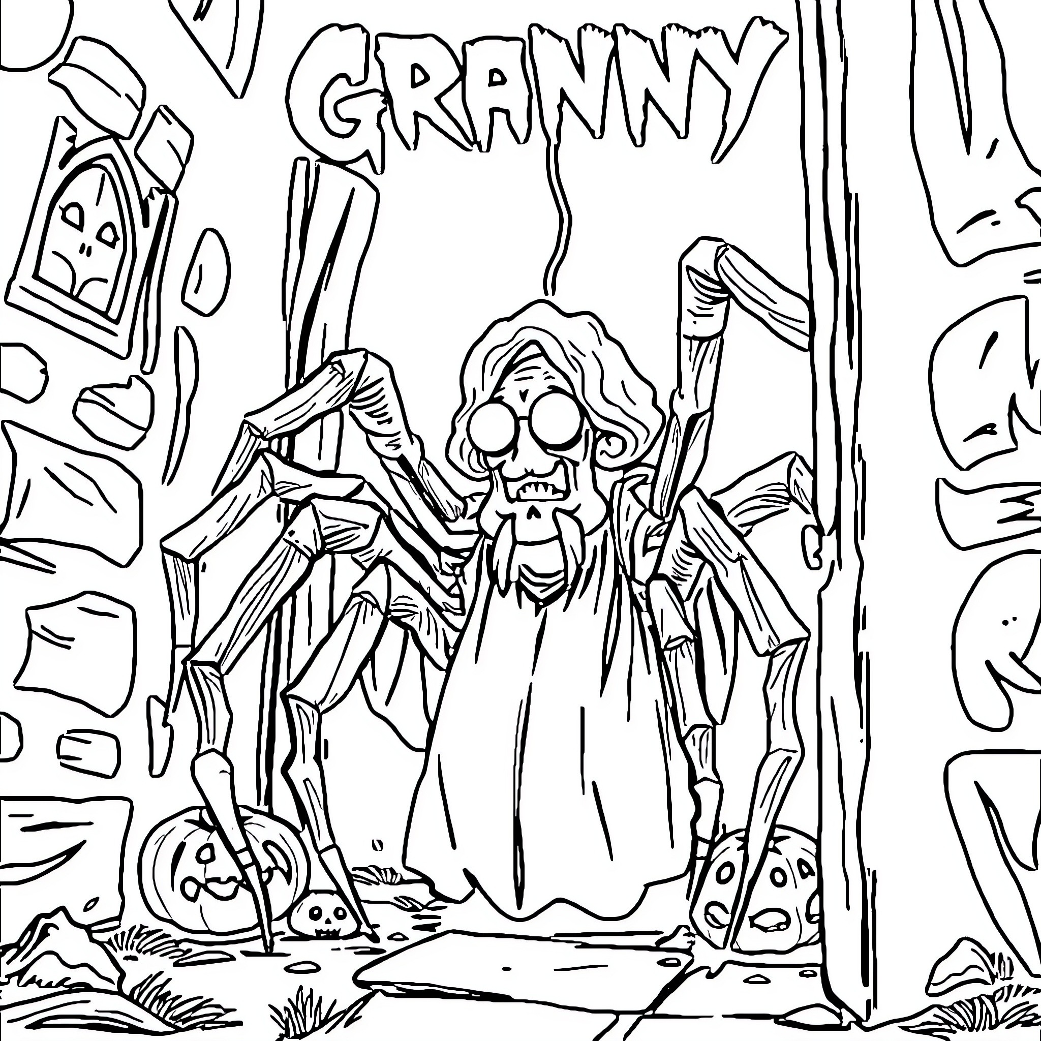 Granny Skeleton in Spooky Forest Coloring Page (free black-and-white line drawing printable PDF for all, from beginners to advanced learners, including children, teens, adults, and seniors)