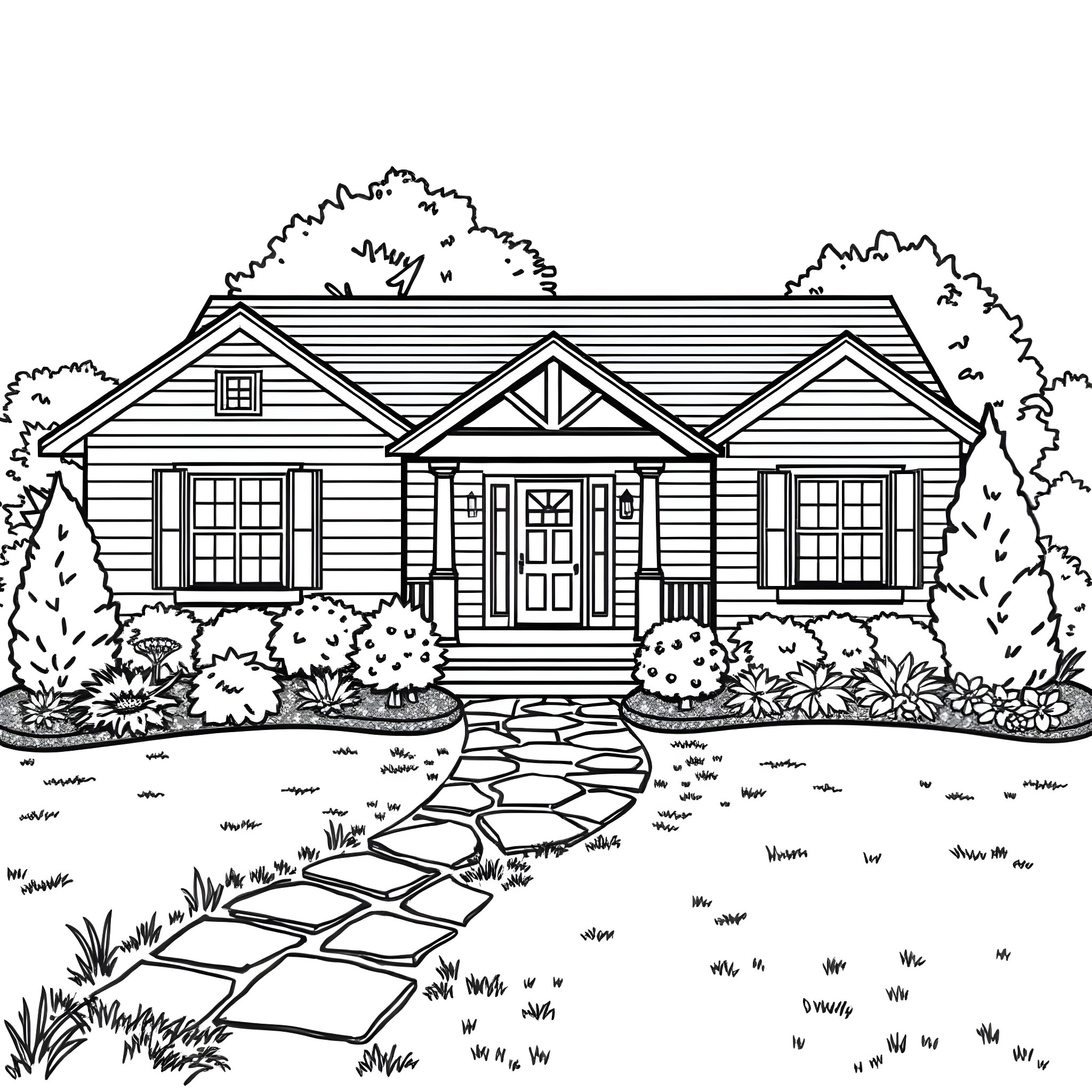 House with a Charming Porch and Garden Path Coloring Page (free black-and-white line drawing printable PDF for all, from beginners to advanced learners, including children, teens, adults, and seniors)