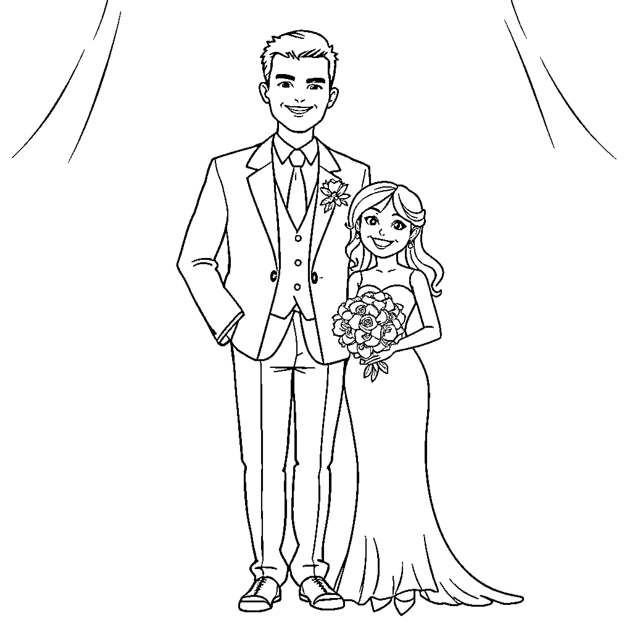 Couple in formal wedding attire Coloring Page (free black-and-white line drawing printable PDF for all, from beginners to advanced learners, including children, teens, adults, and seniors)