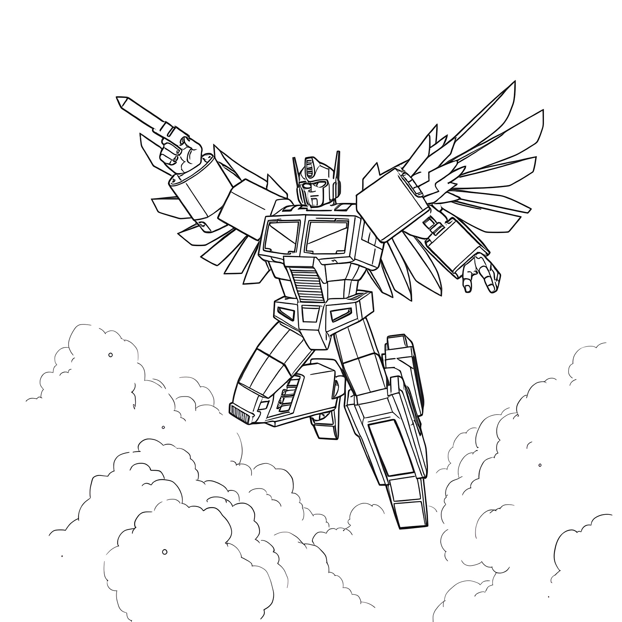 Optimus Prime taking action in the sky Coloring Page (free black-and-white line drawing printable PDF for all, from beginners to advanced learners, including children, teens, adults, and seniors)