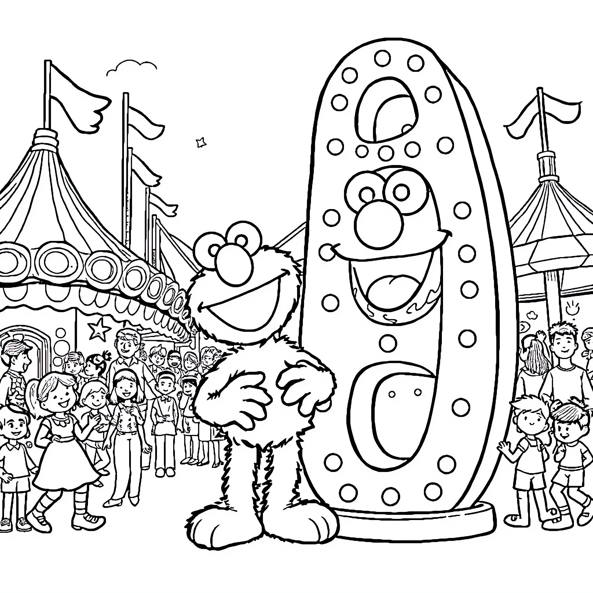 Elmo at the Carnival with Friends Coloring Page (free black-and-white line drawing printable PDF for all, from beginners to advanced learners, including children, teens, adults, and seniors)
