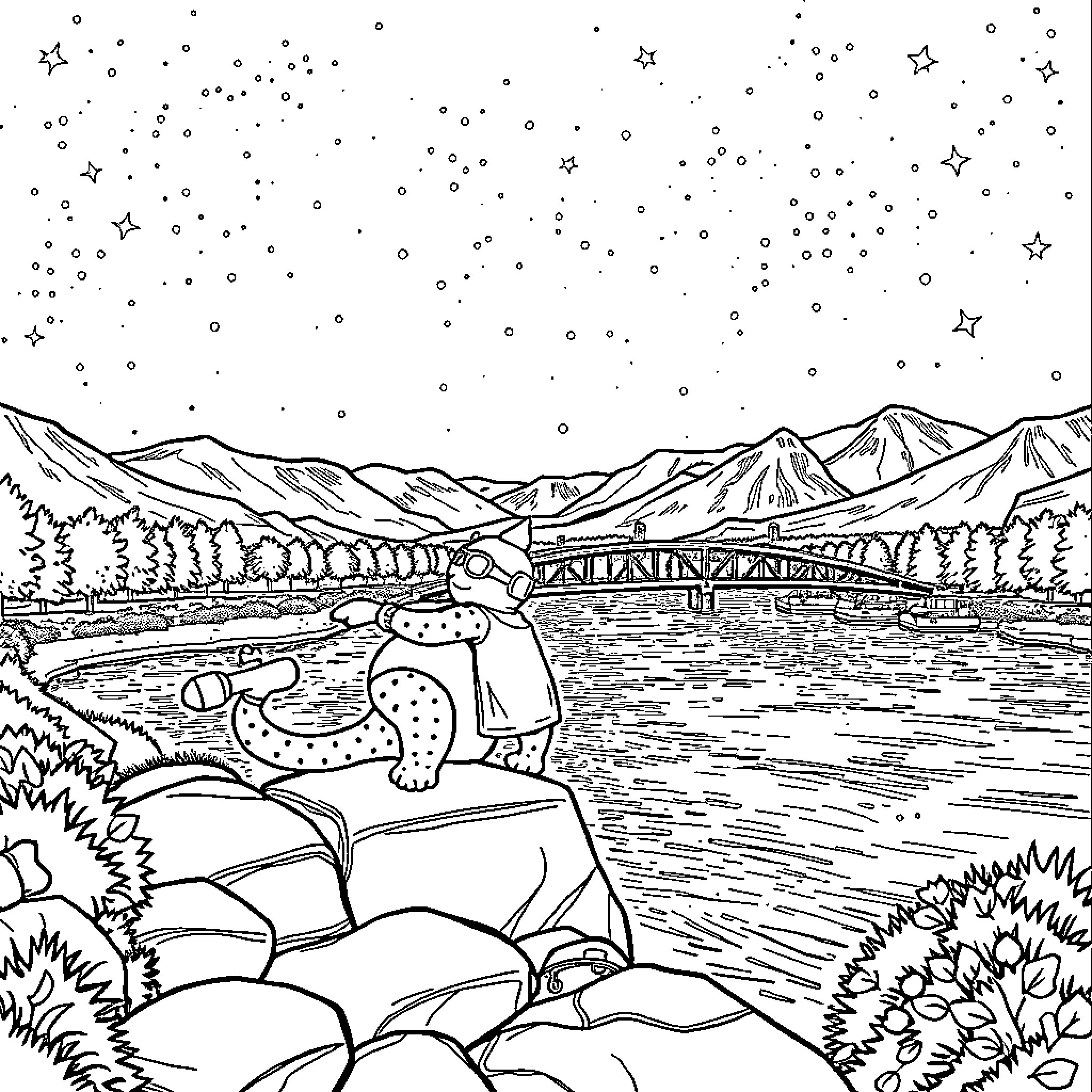 Patrol through the snowy mountain landscape Coloring Page (free black-and-white line drawing printable PDF for all, from beginners to advanced learners, including children, teens, adults, and seniors)