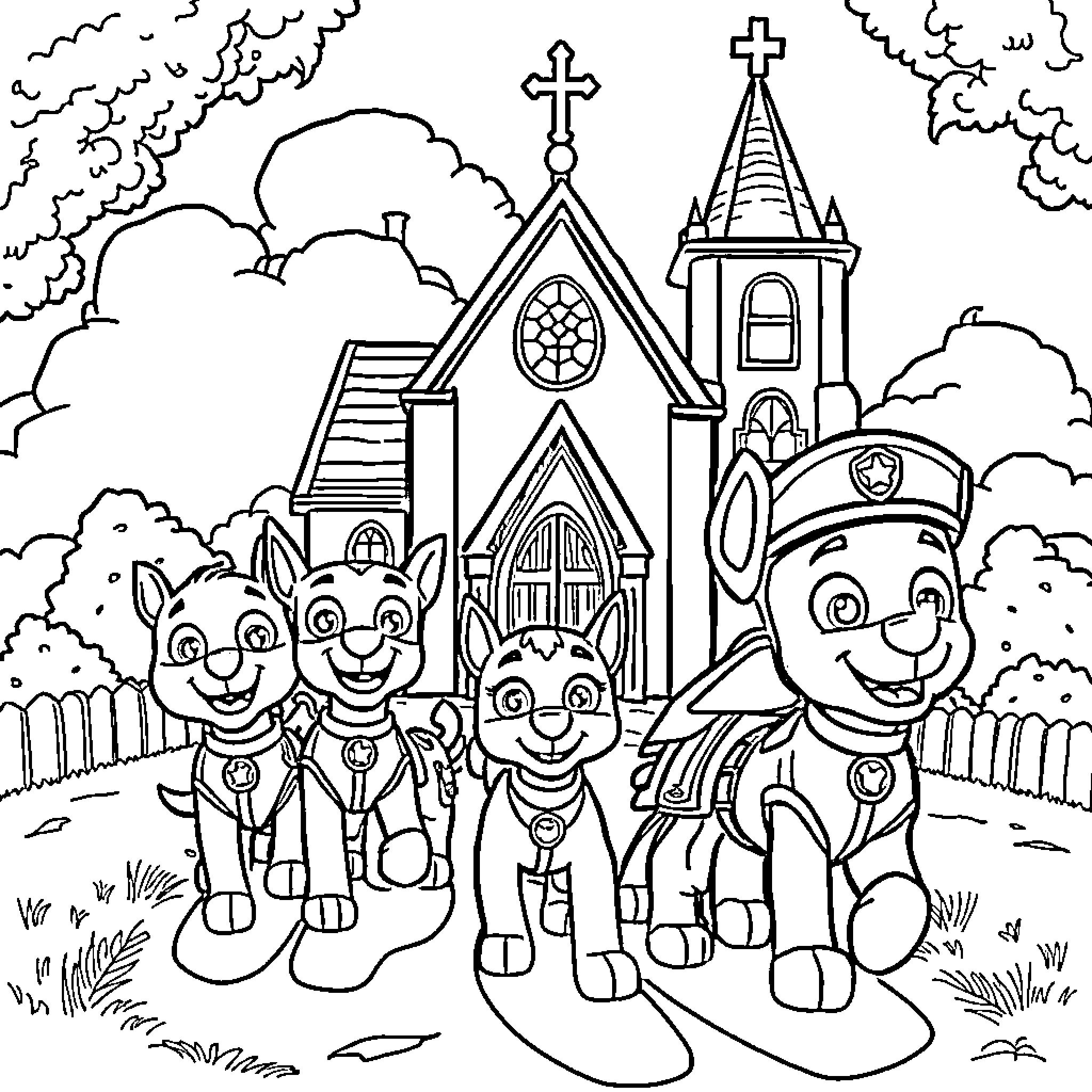 Paw Patrol Characters Exploring the Church Grounds Coloring Page (free black-and-white line drawing printable PDF for all, from beginners to advanced learners, including children, teens, adults, and seniors)