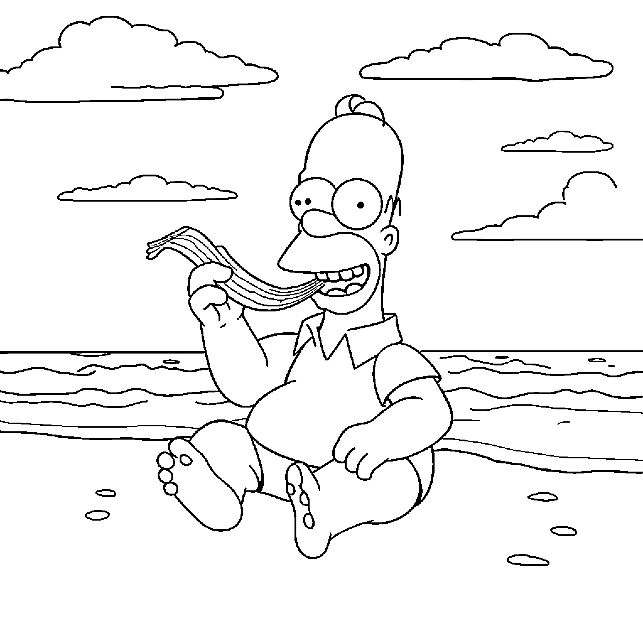 Homer Simpson relaxing on the beach Coloring Page (free black-and-white line drawing printable PDF for all, from beginners to advanced learners, including children, teens, adults, and seniors)