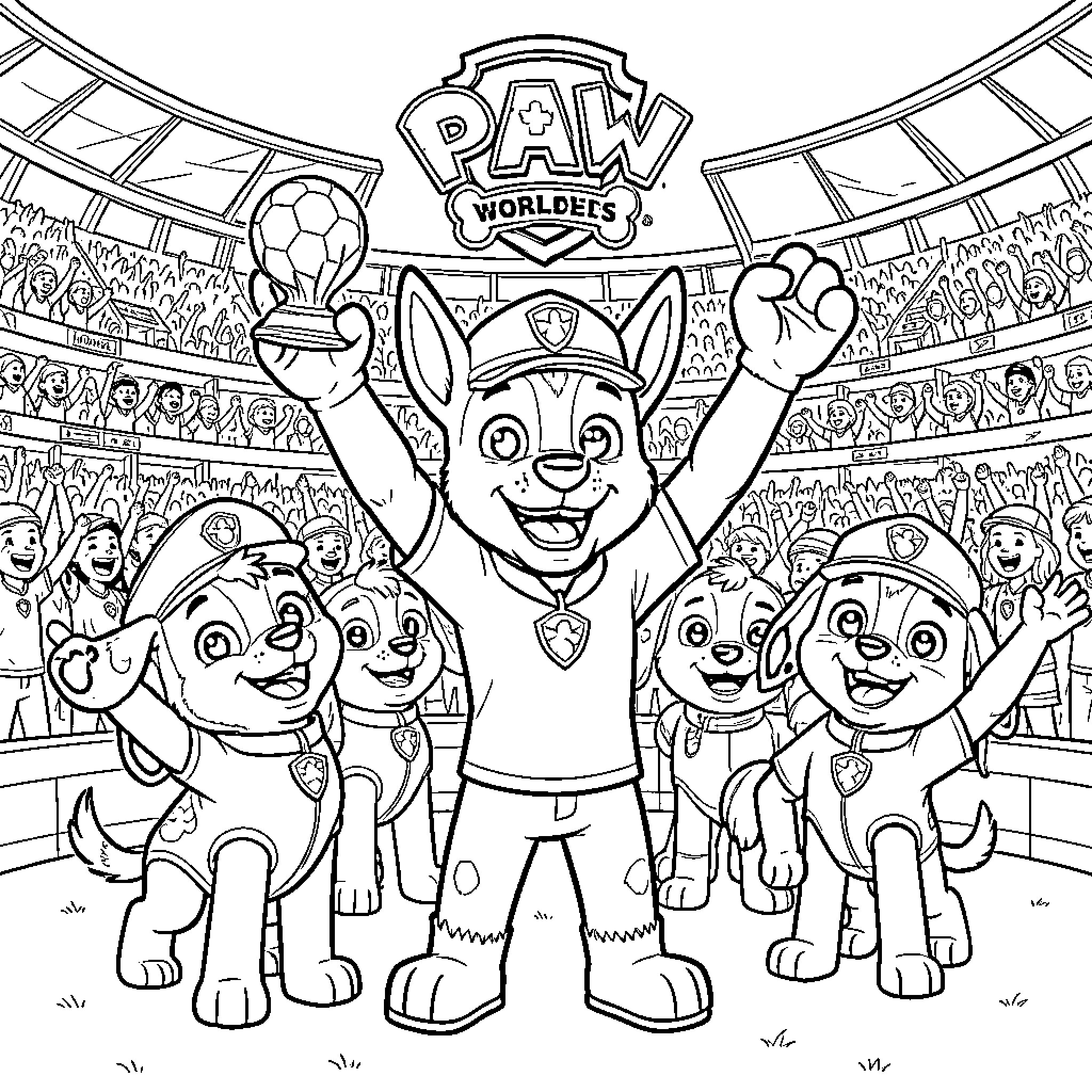 Ruben celebrating a victory with puppy teammates in a stadium Coloring Page (free black-and-white line drawing printable PDF for all, from beginners to advanced learners, including children, teens, adults, and seniors)
