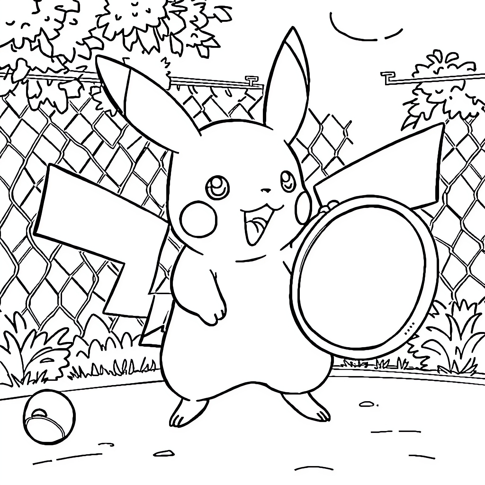 Pikachu playing happily in the garden Coloring Page (free black-and-white line drawing printable PDF for all, from beginners to advanced learners, including children, teens, adults, and seniors)