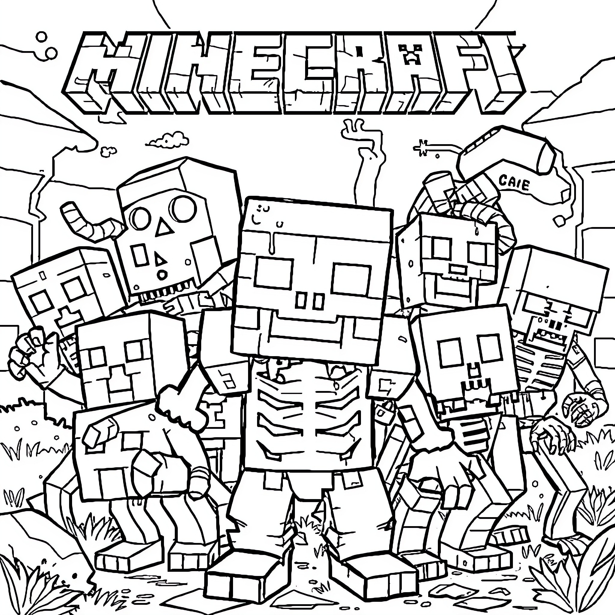 Minecraft Monster Characters in Action Coloring Page (free black-and-white line drawing printable PDF for all, from beginners to advanced learners, including children, teens, adults, and seniors)