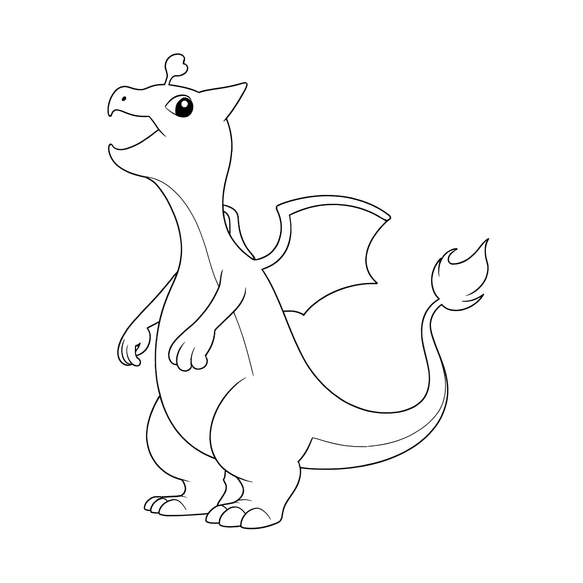Charizard - Smiling Dragon Creature Coloring Page (free black-and-white line drawing printable PDF for all, from beginners to advanced learners, including children, teens, adults, and seniors)