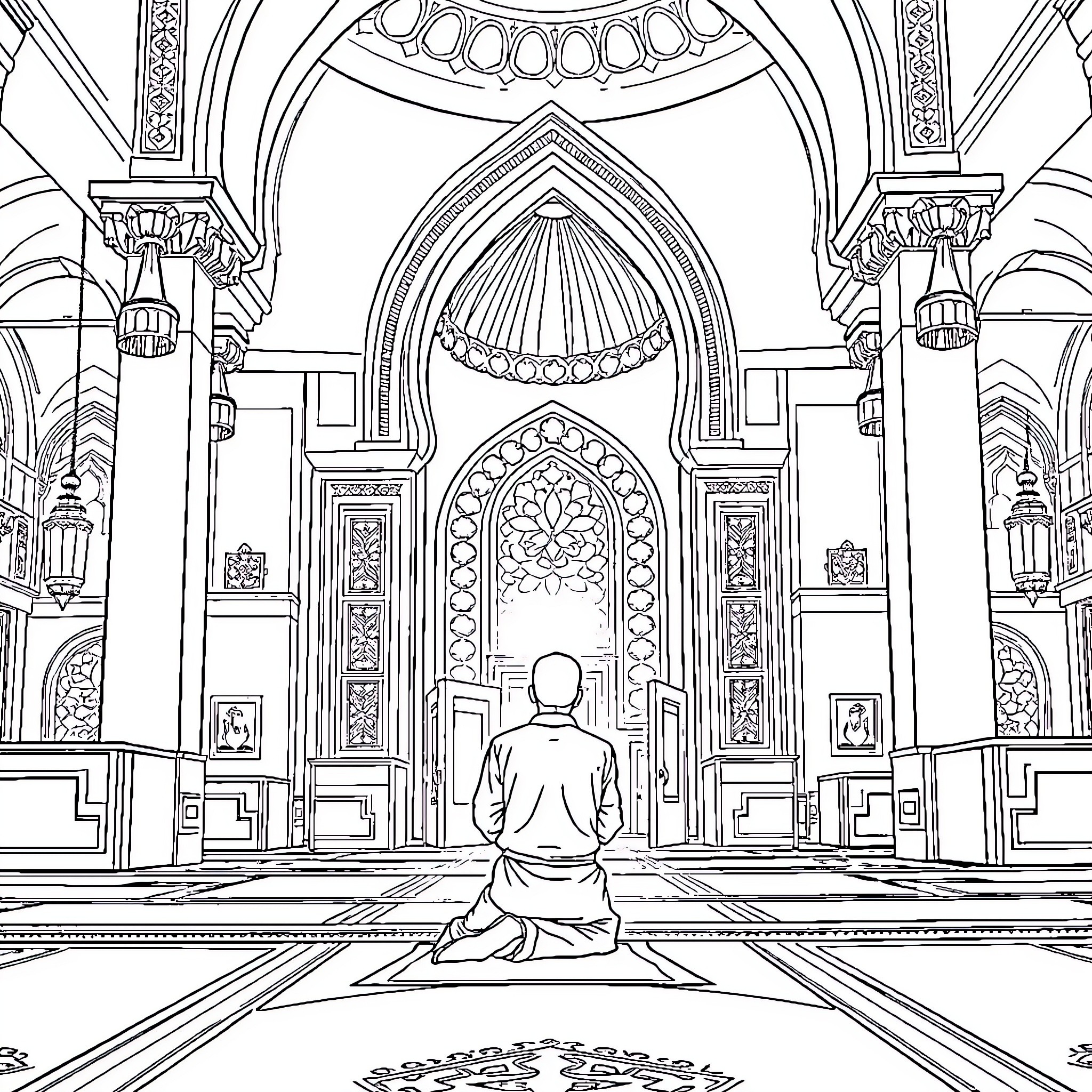 Man meditating in ornate architectural setting Coloring Page (free black-and-white line drawing printable PDF for all, from beginners to advanced learners, including children, teens, adults, and seniors)