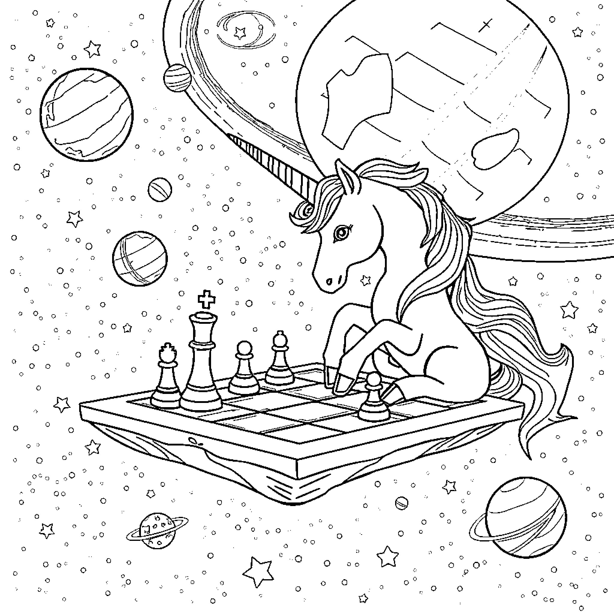 Unicorn playing chess in the cosmic universe Coloring Page (free black-and-white line drawing printable PDF for all, from beginners to advanced learners, including children, teens, adults, and seniors)