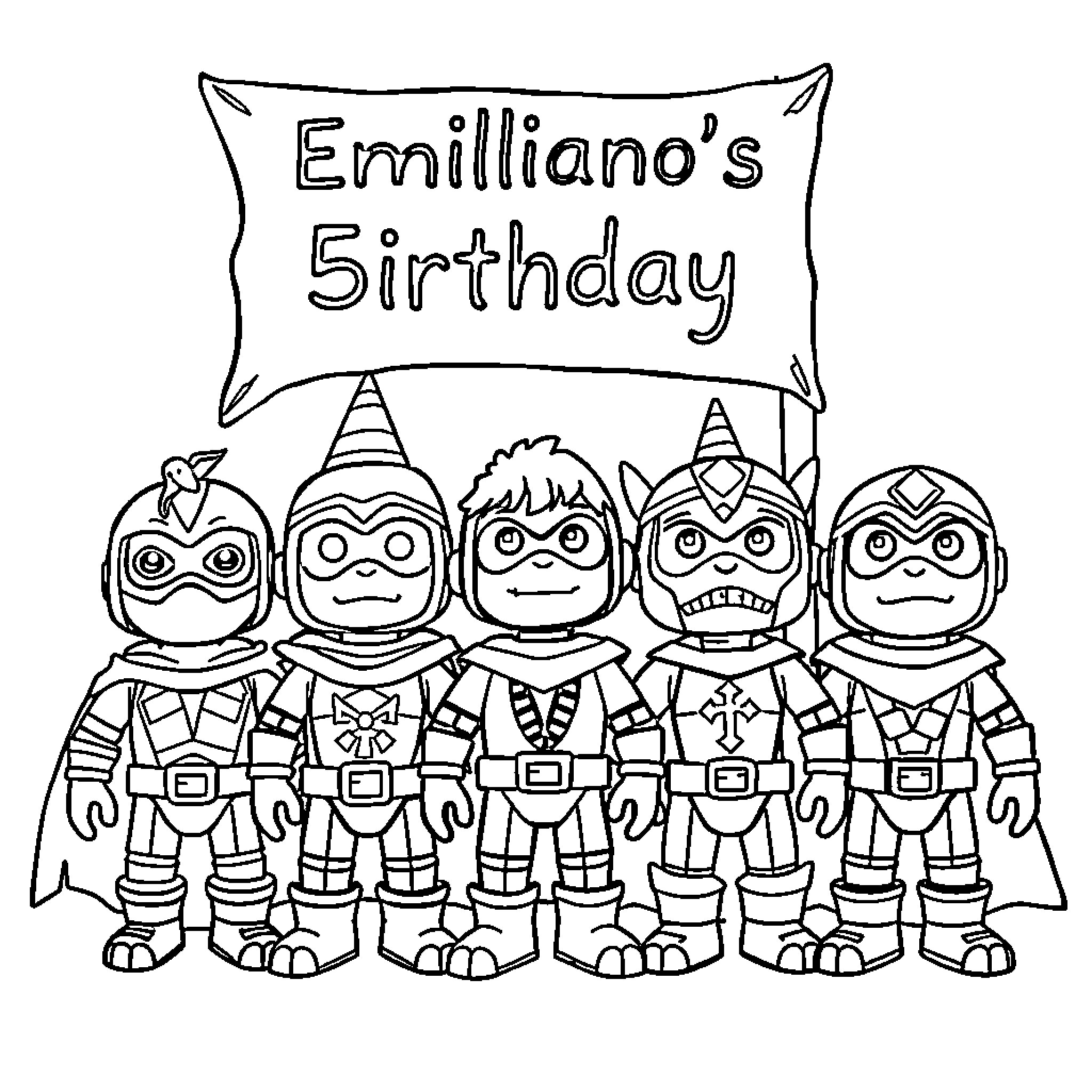Hero Celebration for Emilliano's Birthday Coloring Page (free black-and-white line drawing printable PDF for all, from beginners to advanced learners, including children, teens, adults, and seniors)