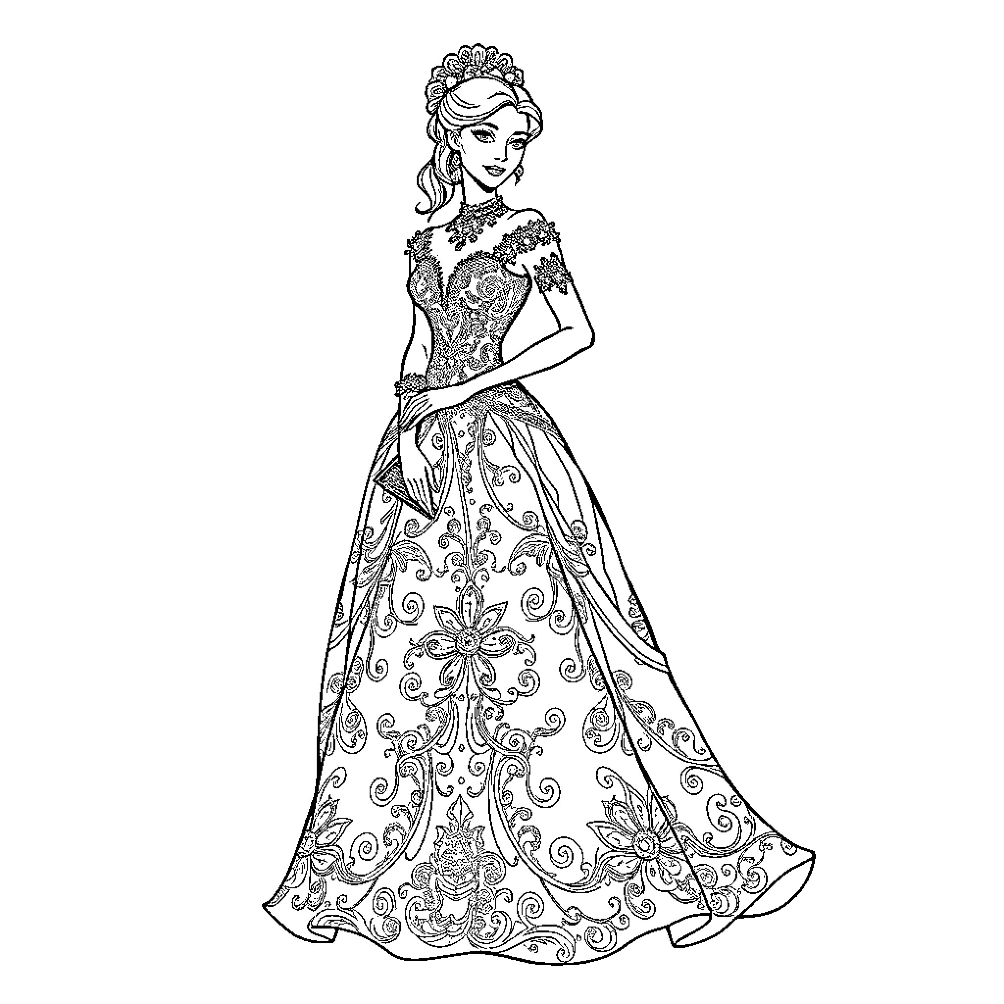 Woman in Ornate Gown Posing Elegantly Coloring Page (free black-and-white line drawing printable PDF for all, from beginners to advanced learners, including children, teens, adults, and seniors)