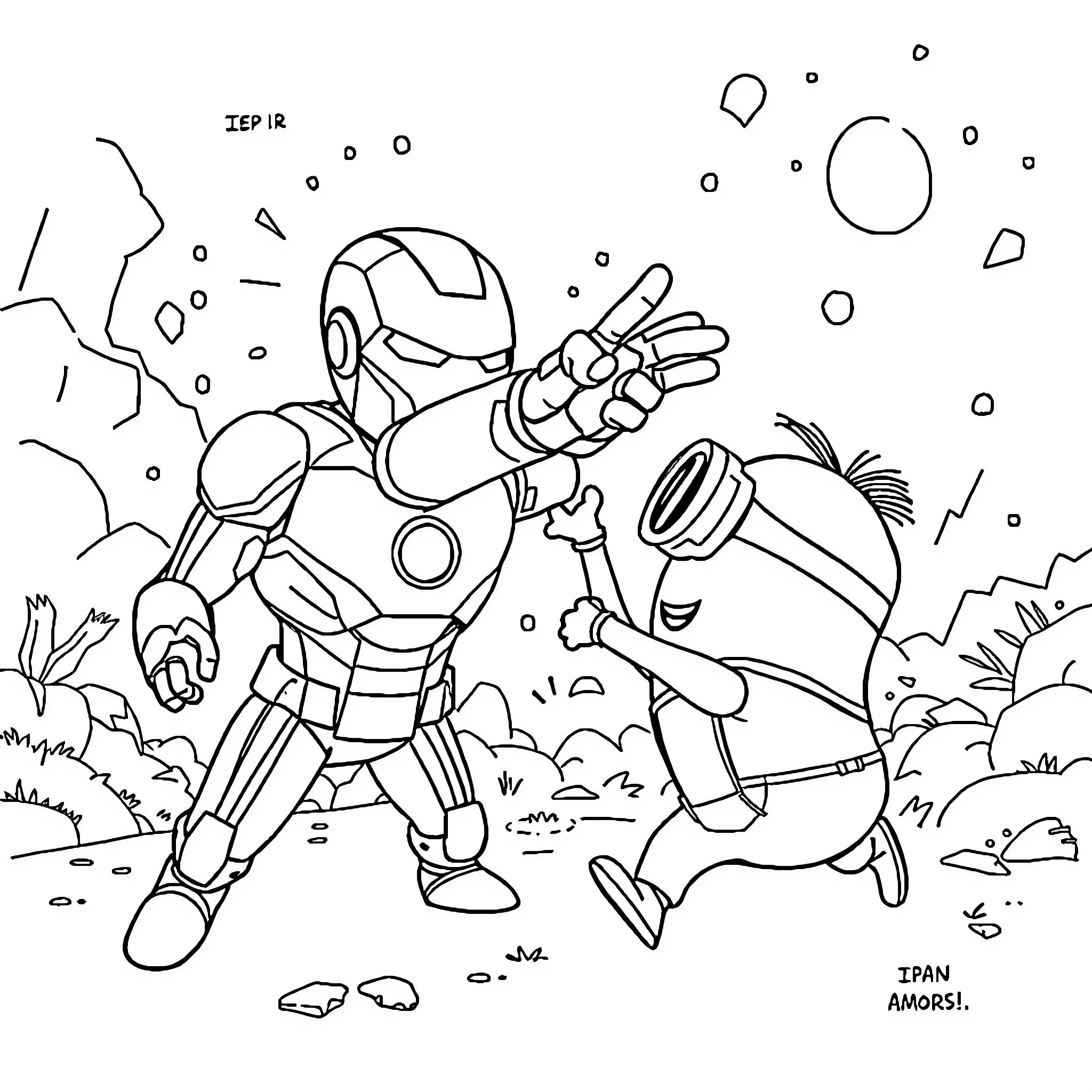 Minions engaging in playful combat in a whimsical scene Coloring Page (free black-and-white line drawing printable PDF for all, from beginners to advanced learners, including children, teens, adults, and seniors)