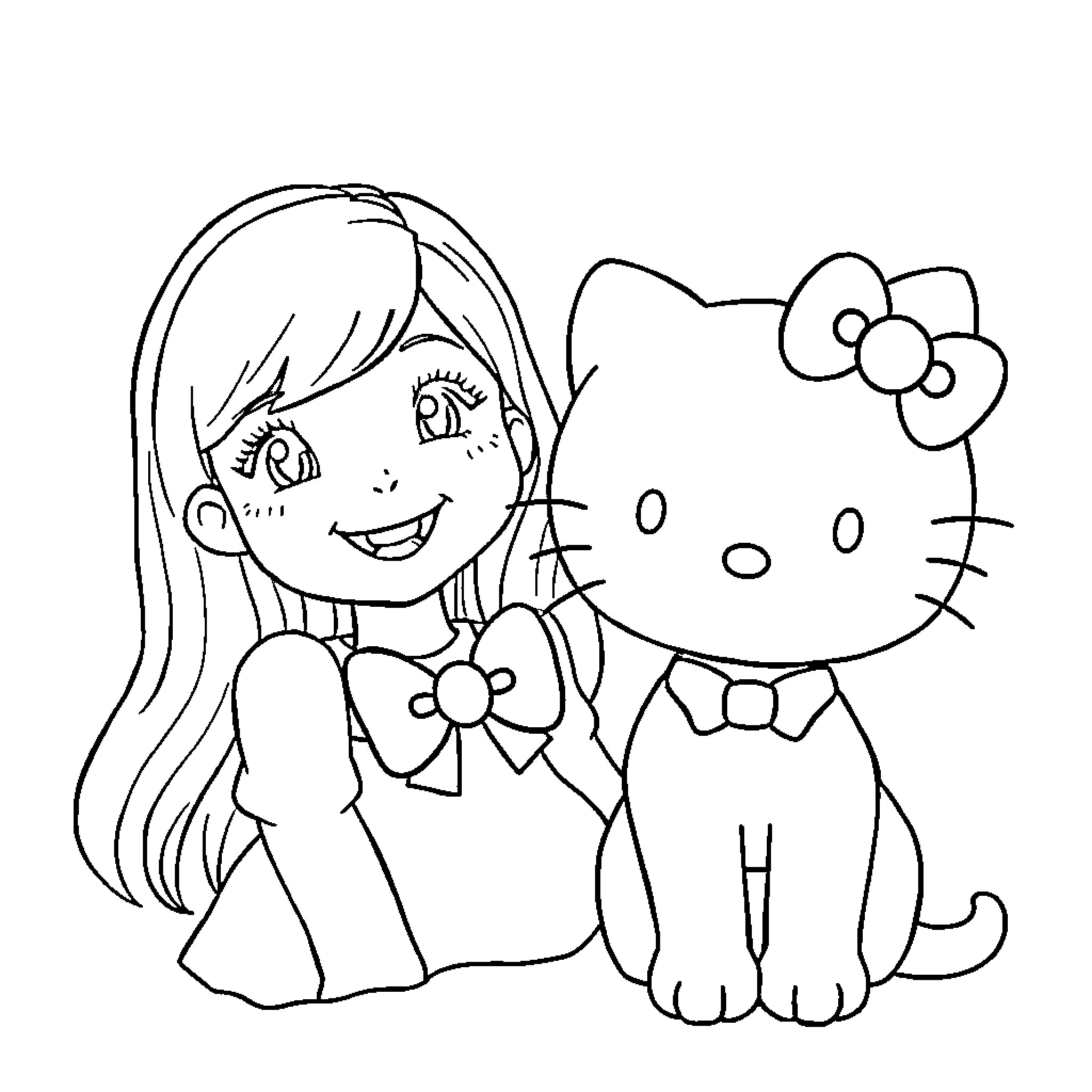 Hello Kitty and cheerful girl posing together Coloring Page (free black-and-white line drawing printable PDF for all, from beginners to advanced learners, including children, teens, adults, and seniors)