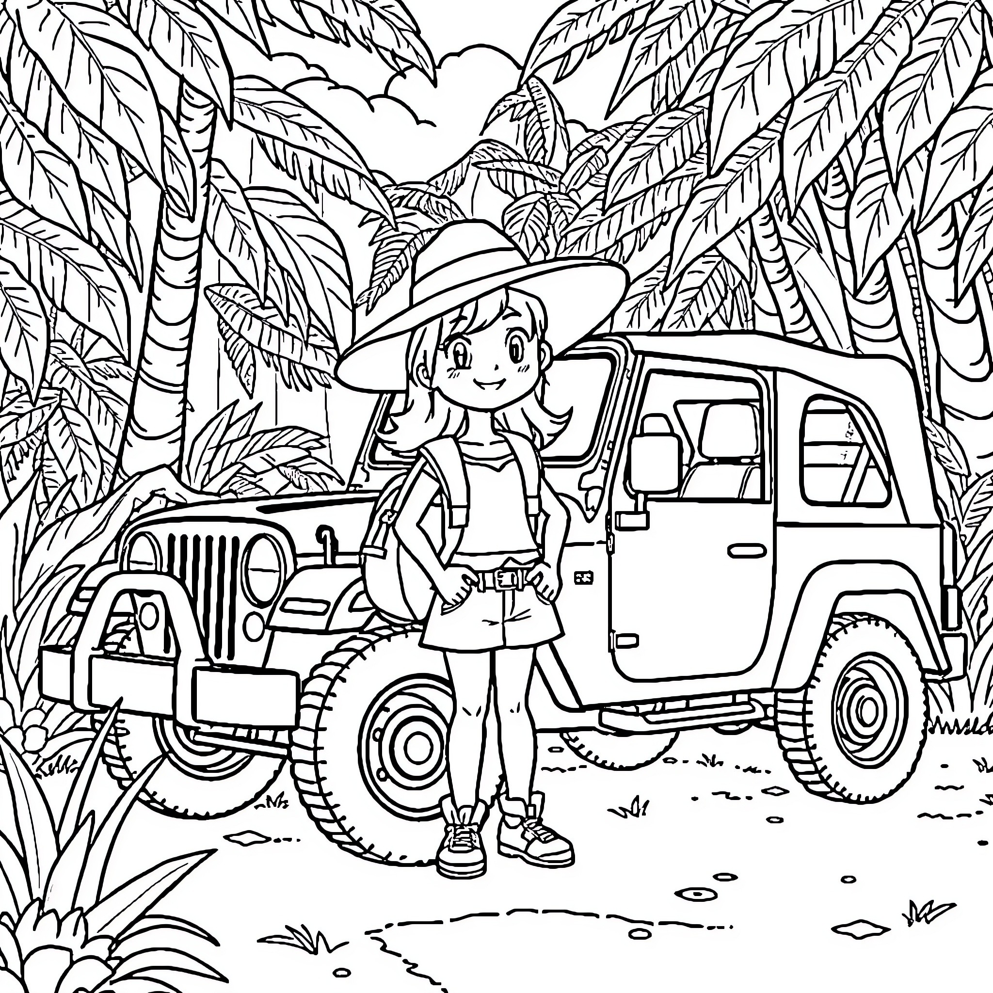 Sunny Adventure in the Tropical Wilderness Coloring Page (free black-and-white line drawing printable PDF for all, from beginners to advanced learners, including children, teens, adults, and seniors)