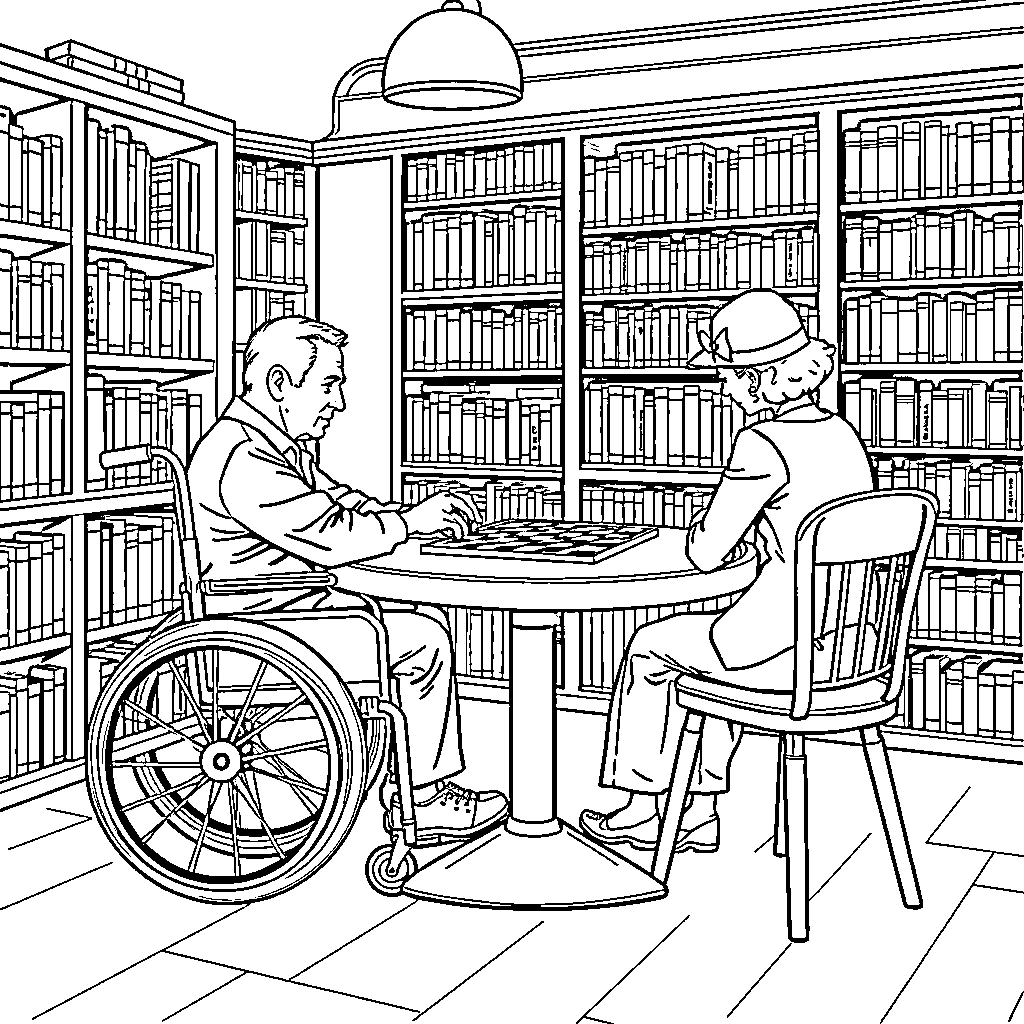 Man in wheelchair reading book with another man in library Coloring Page (free black-and-white line drawing printable PDF for all, from beginners to advanced learners, including children, teens, adults, and seniors)