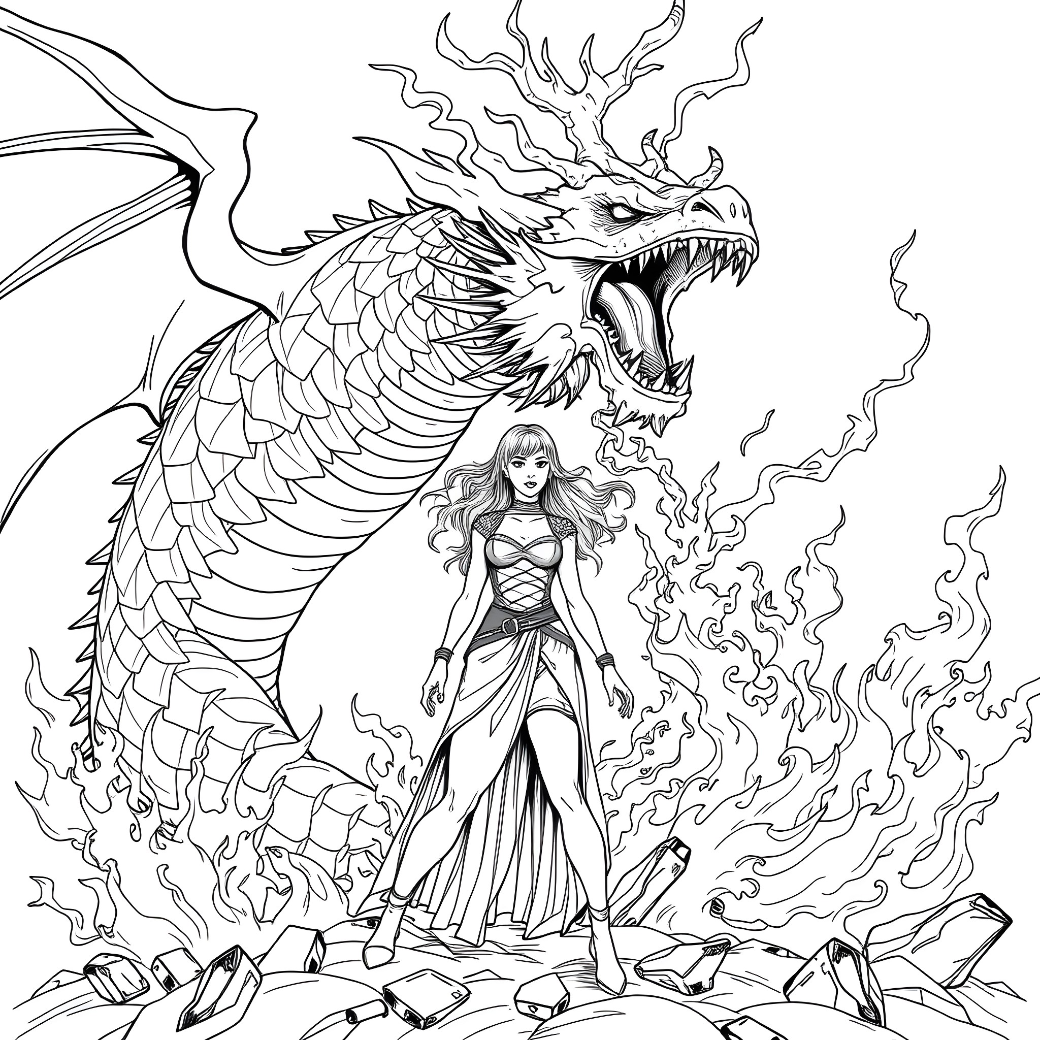 Dragon Guardian Emerges with Powerful Presence Coloring Page (free black-and-white line drawing printable PDF for all, from beginners to advanced learners, including children, teens, adults, and seniors)
