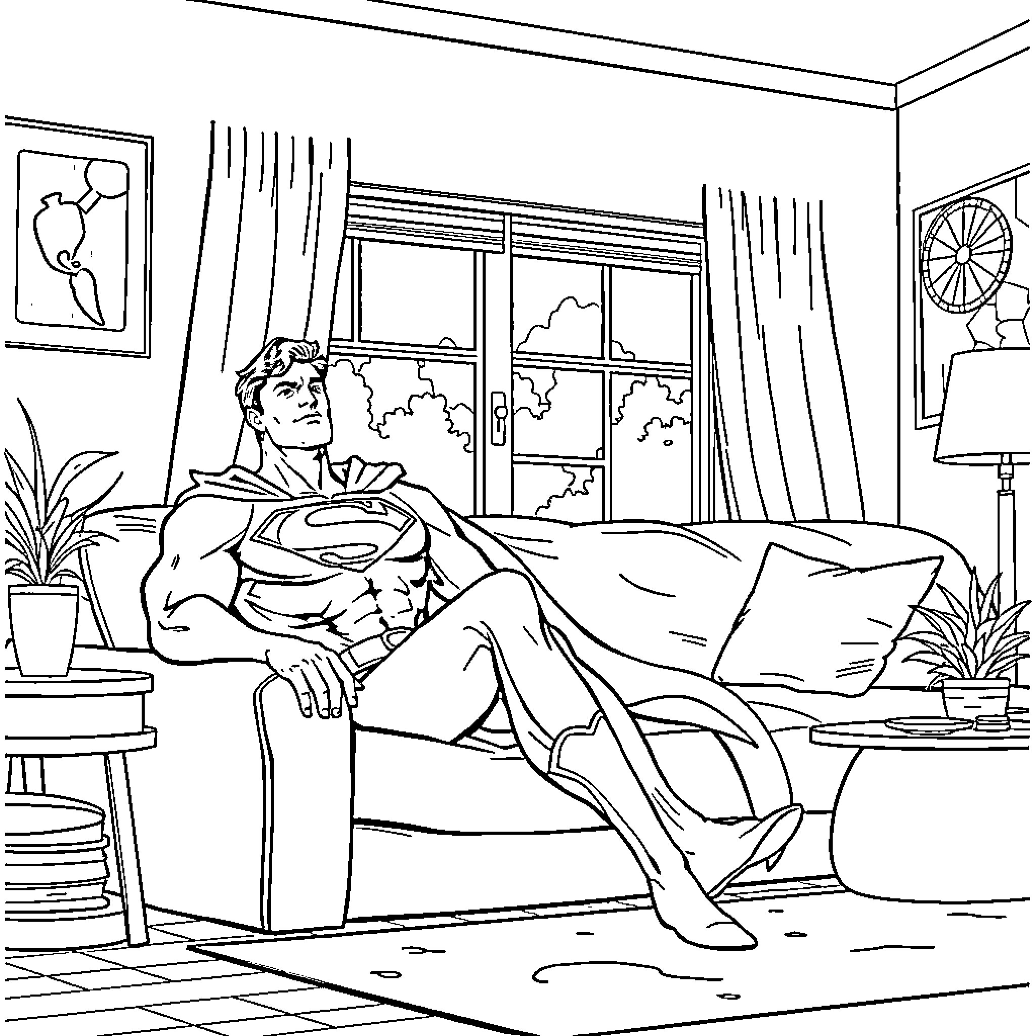 Superman relaxing in his apartment Coloring Page (free black-and-white line drawing printable PDF for all, from beginners to advanced learners, including children, teens, adults, and seniors)