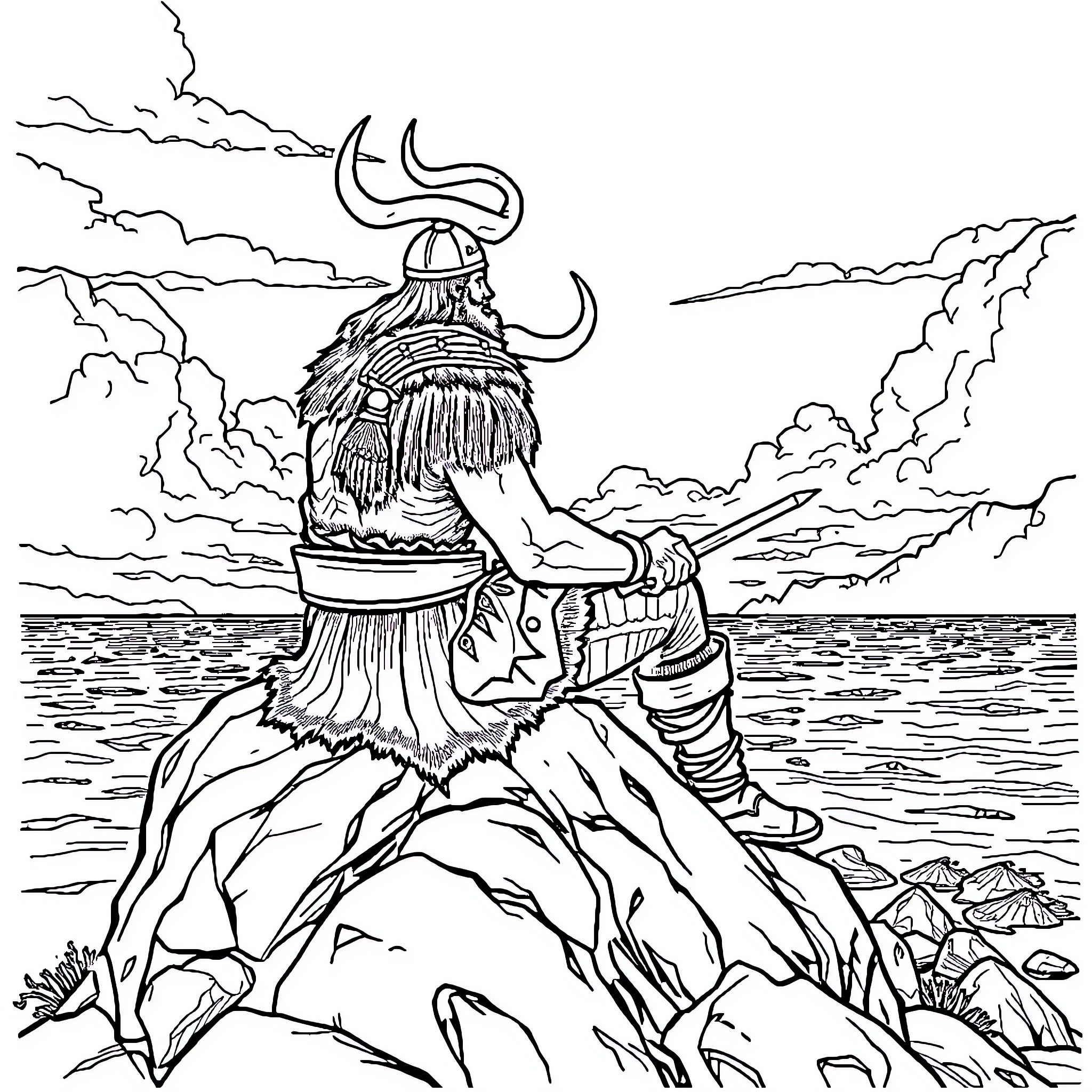 Viking warrior standing tall on a rocky cliff Coloring Page (free black-and-white line drawing printable PDF for all, from beginners to advanced learners, including children, teens, adults, and seniors)