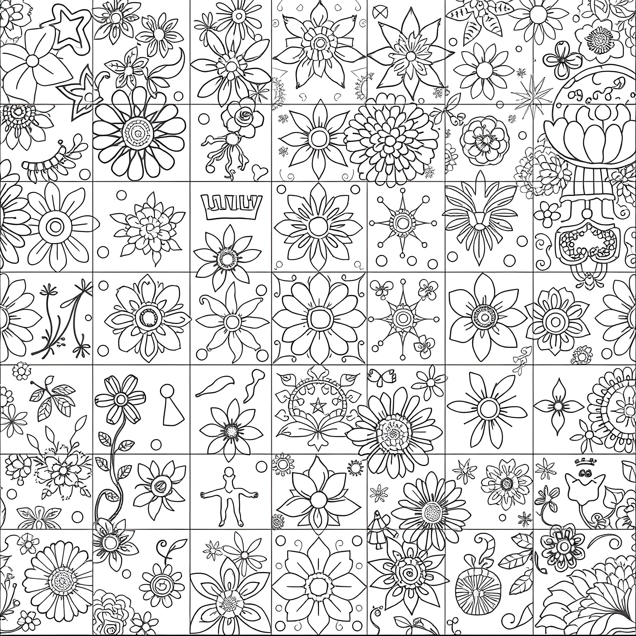Patchwork of Diverse Floral Illustrations Coloring Page (free black-and-white line drawing printable PDF for all, from beginners to advanced learners, including children, teens, adults, and seniors)