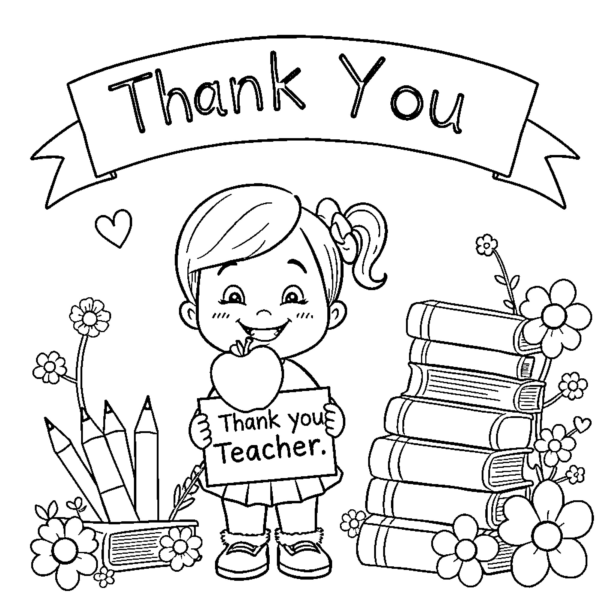 Teacher Expressing Gratitude with Gifts and Stationery Coloring Page (free black-and-white line drawing printable PDF for all, from beginners to advanced learners, including children, teens, adults, and seniors)