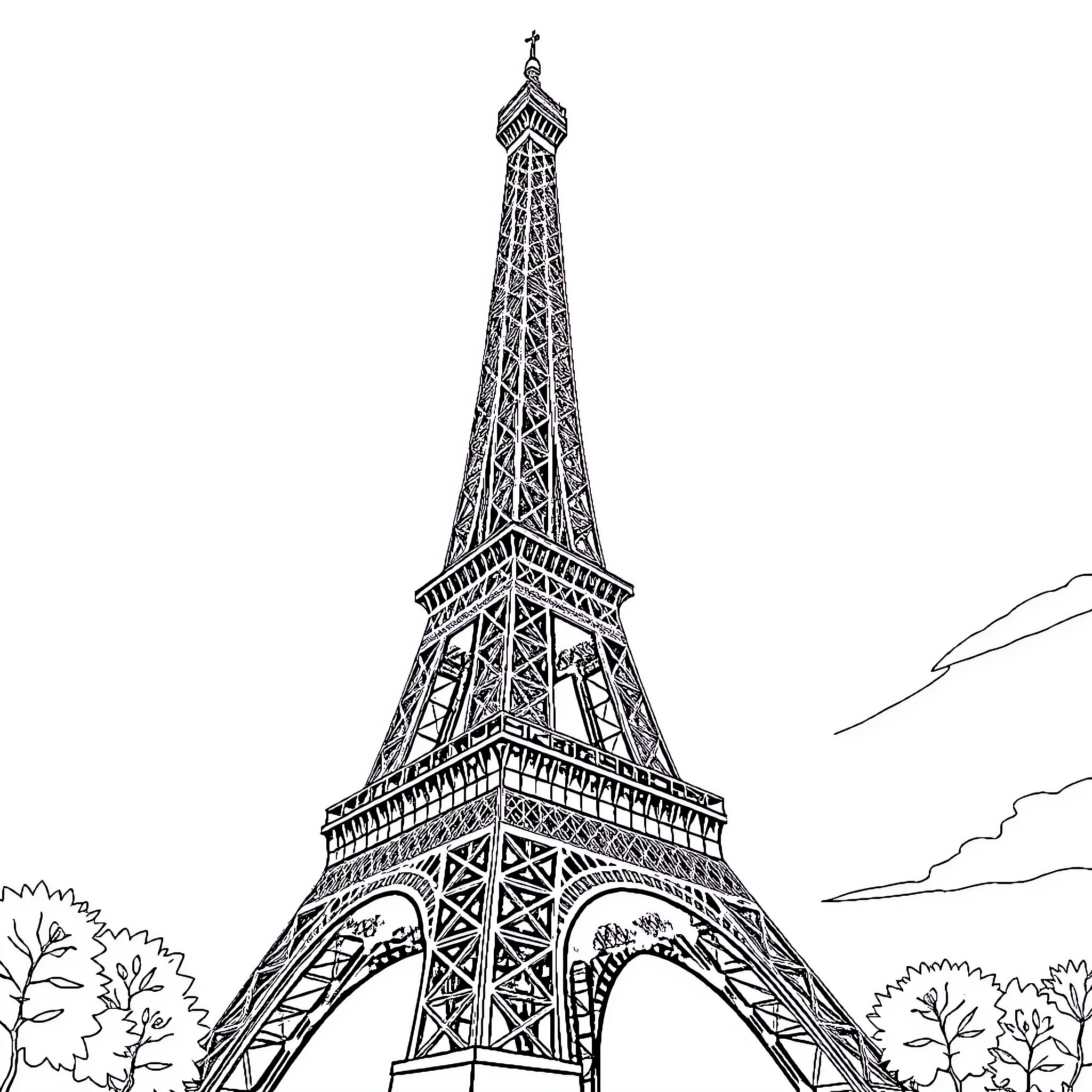 Eiffel Tower reaching towards the sky Coloring Page (free black-and-white line drawing printable PDF for all, from beginners to advanced learners, including children, teens, adults, and seniors)