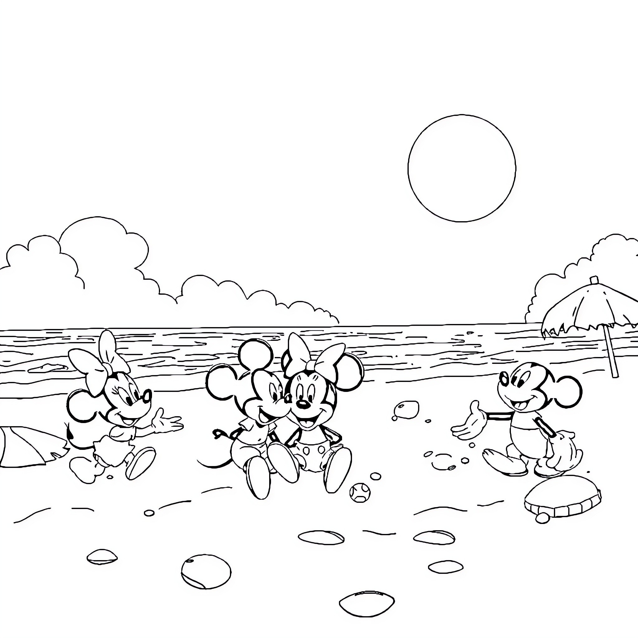 Disney Characters Playing on the Beach Coloring Page (free black-and-white line drawing printable PDF for all, from beginners to advanced learners, including children, teens, adults, and seniors)