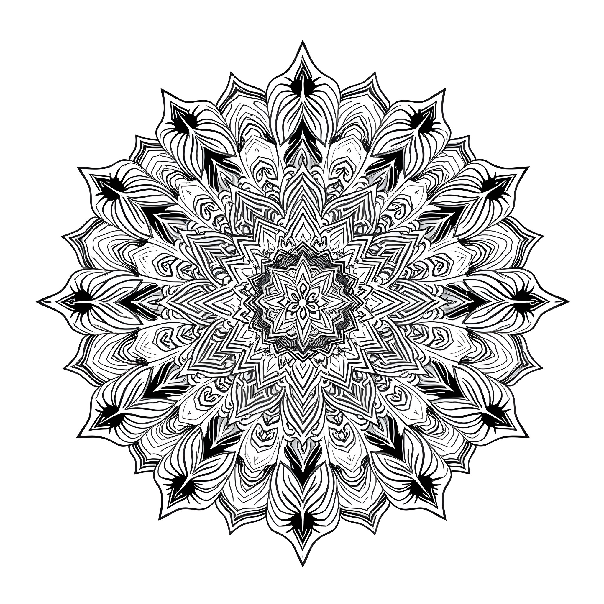 Mandala of intricate geometric patterns Coloring Page (free black-and-white line drawing printable PDF for all, from beginners to advanced learners, including children, teens, adults, and seniors)