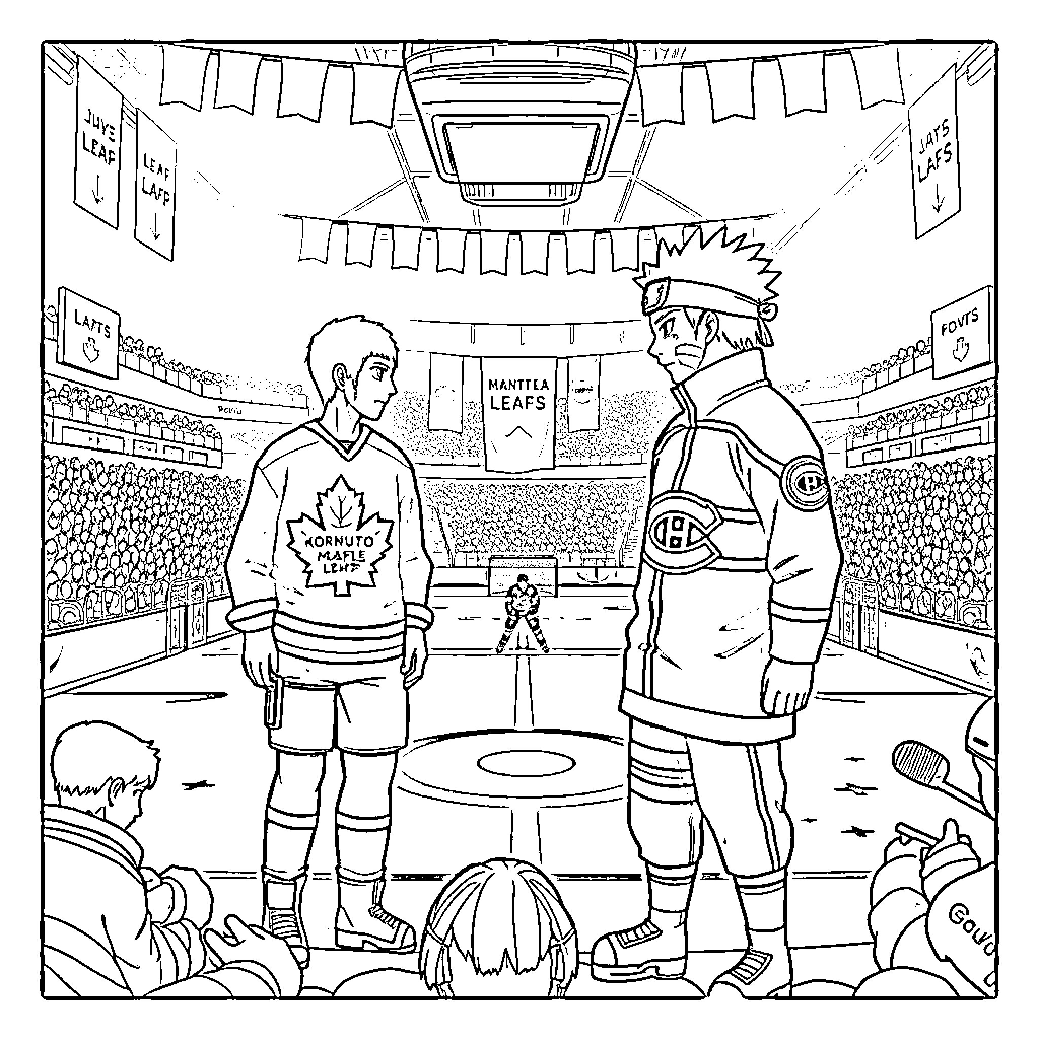 Kakashi discussing strategy with players on hockey ice rink Coloring Page (free black-and-white line drawing printable PDF for all, from beginners to advanced learners, including children, teens, adults, and seniors)