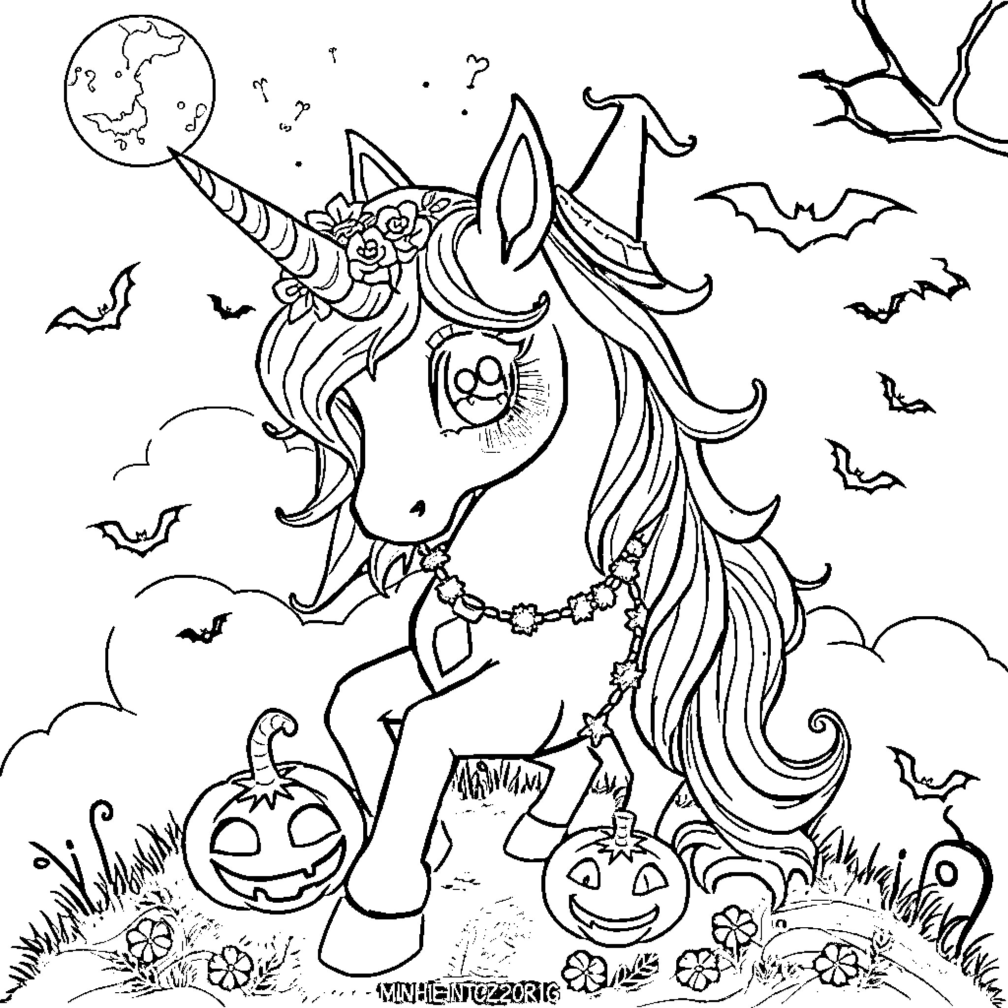Unicorn celebrating Halloween with pumpkins and bats Coloring Page (free black-and-white line drawing printable PDF for all, from beginners to advanced learners, including children, teens, adults, and seniors)