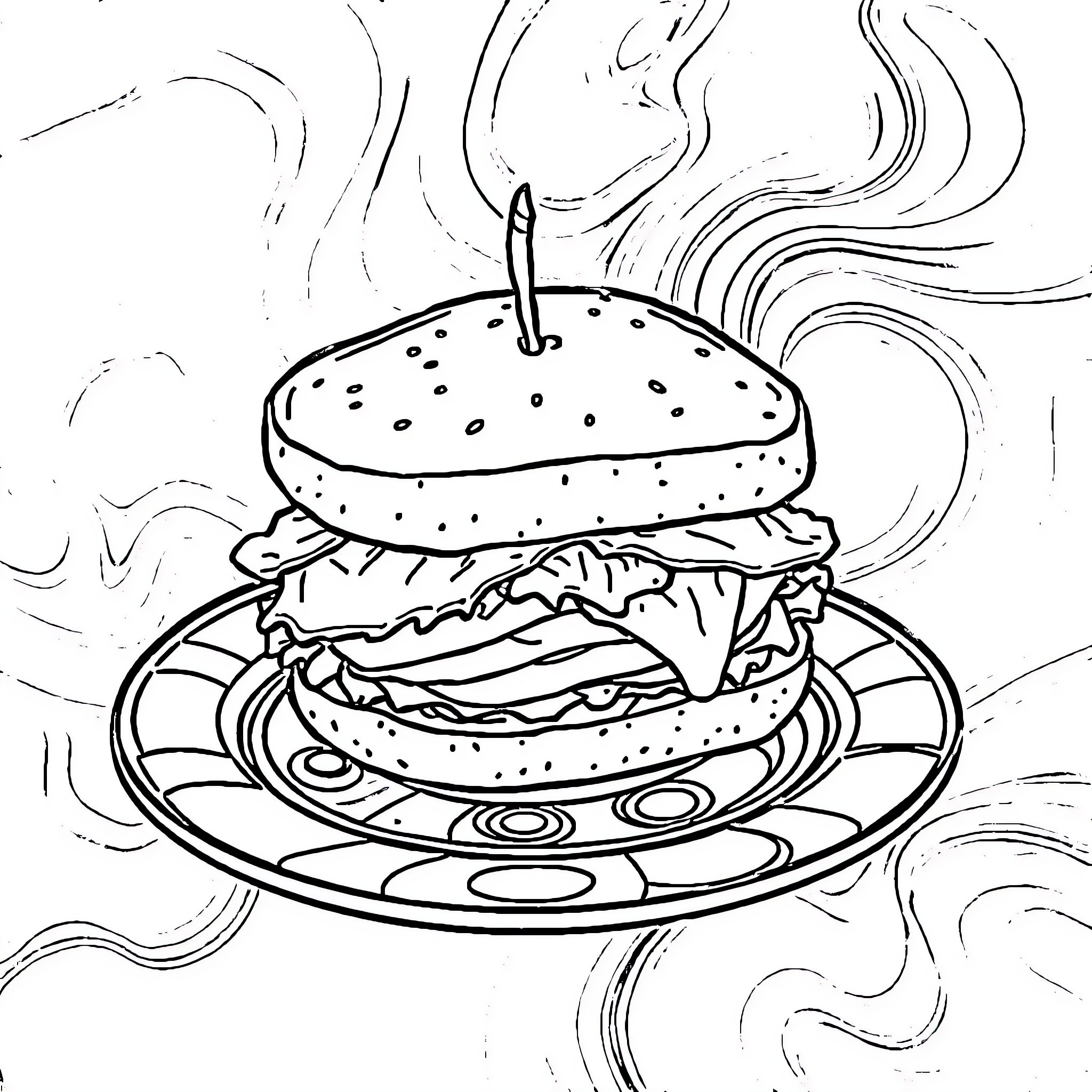Sandwich Sizzling on Plate with Swirling Patterns Coloring Page (free black-and-white line drawing printable PDF for all, from beginners to advanced learners, including children, teens, adults, and seniors)