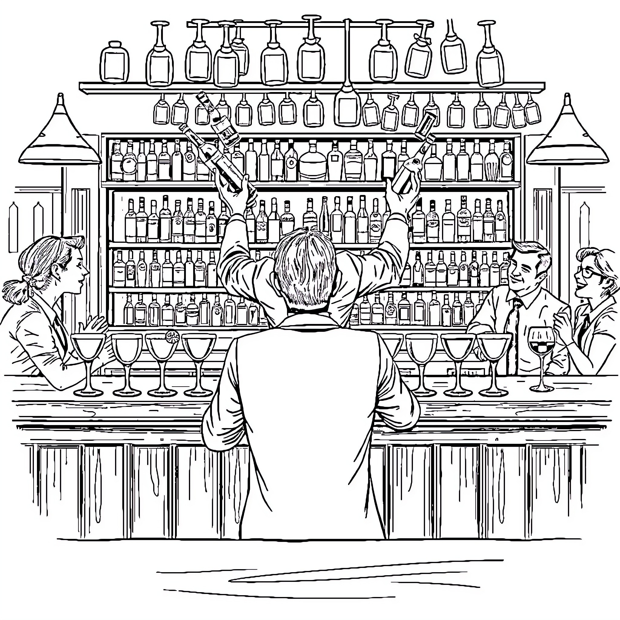 Bartender serving drinks in a lively bar Coloring Page (free black-and-white line drawing printable PDF for all, from beginners to advanced learners, including children, teens, adults, and seniors)