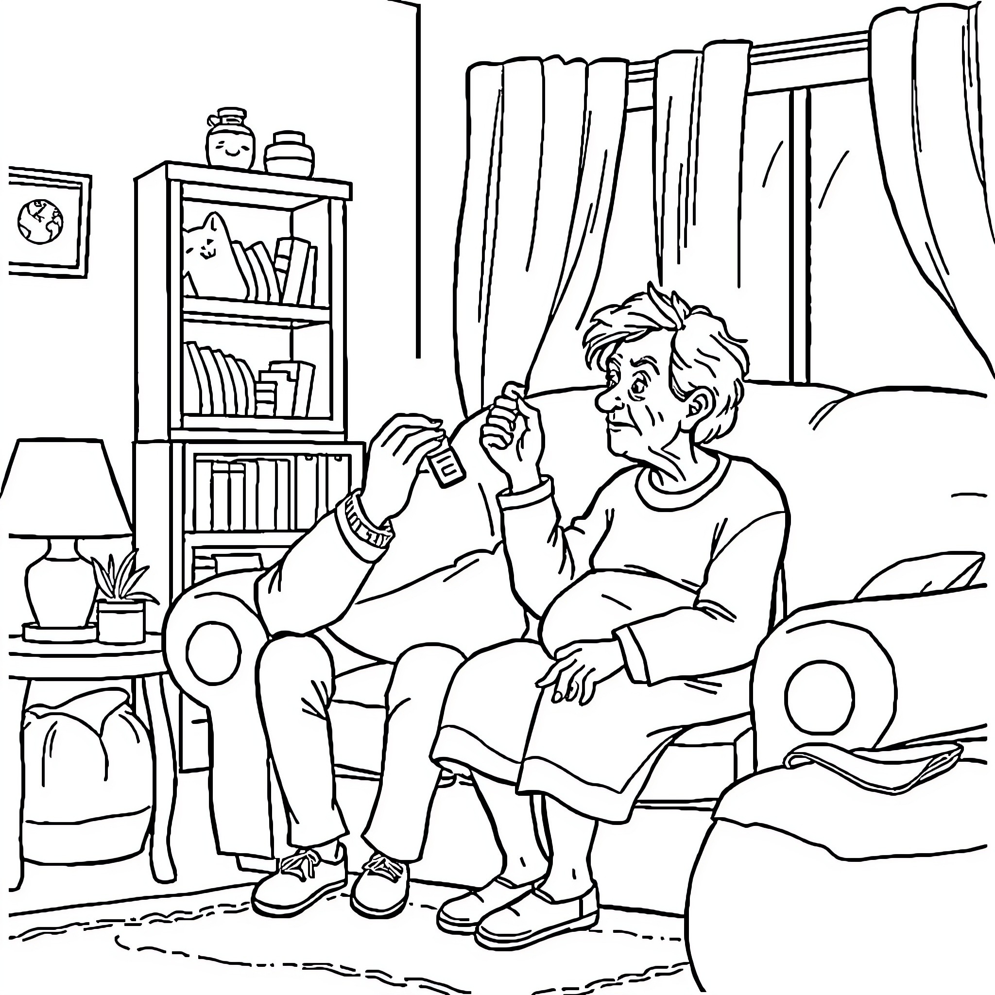 Senior man relaxing in comfortable living room Coloring Page (free black-and-white line drawing printable PDF for all, from beginners to advanced learners, including children, teens, adults, and seniors)
