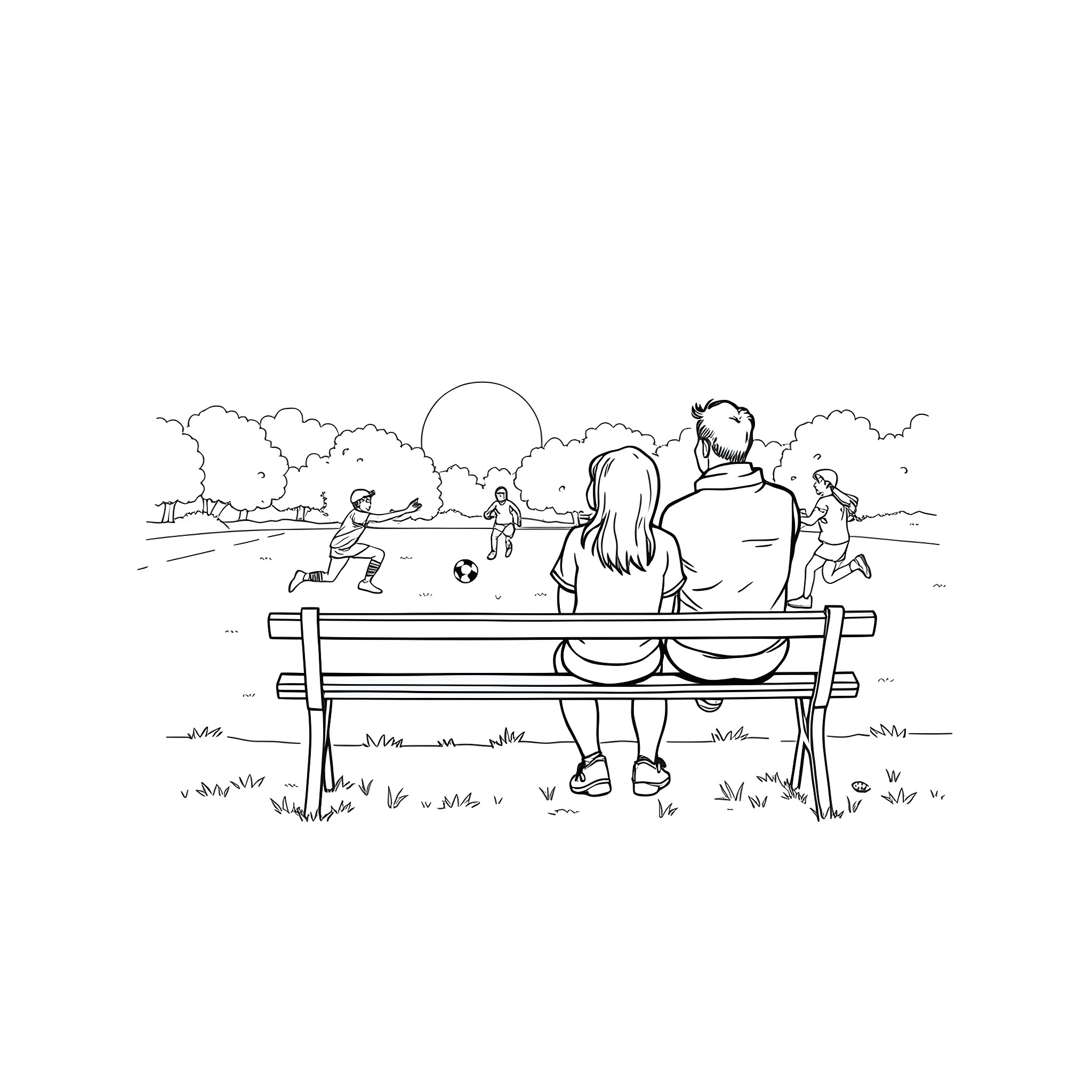 Man and Woman Sitting on Bench Watching Children Play Coloring Page (free black-and-white line drawing printable PDF for all, from beginners to advanced learners, including children, teens, adults, and seniors)
