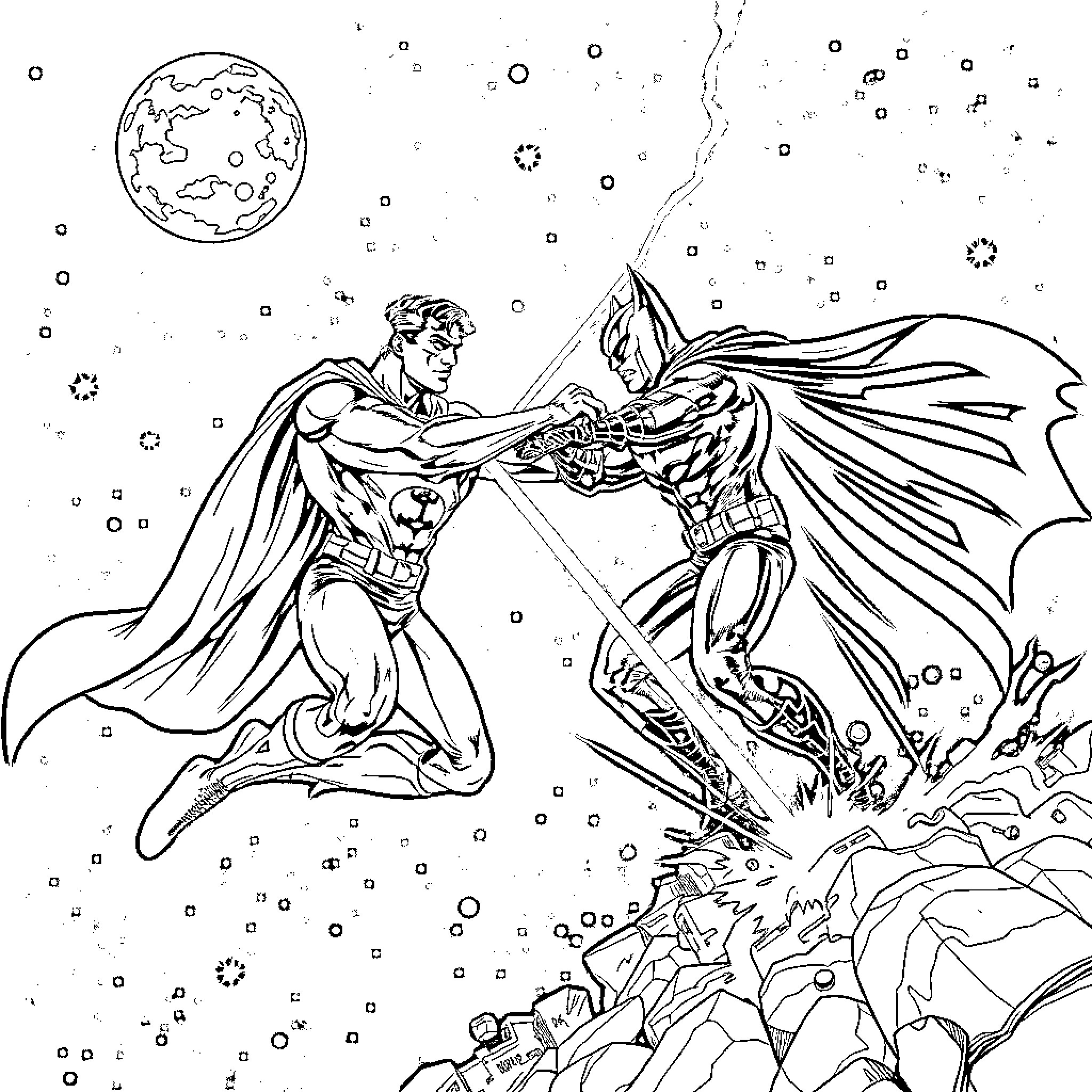Superman fighting against a villainous opponent in the night sky Coloring Page (free black-and-white line drawing printable PDF for all, from beginners to advanced learners, including children, teens, adults, and seniors)